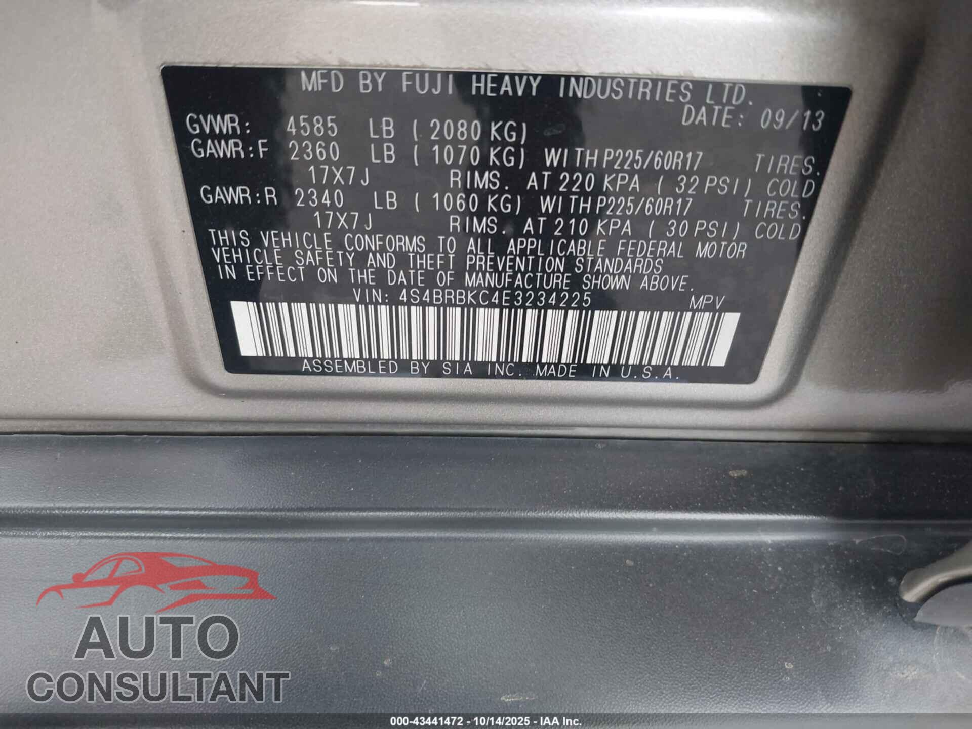 SUBARU OUTBACK 2014 - 4S4BRBKC4E3234225