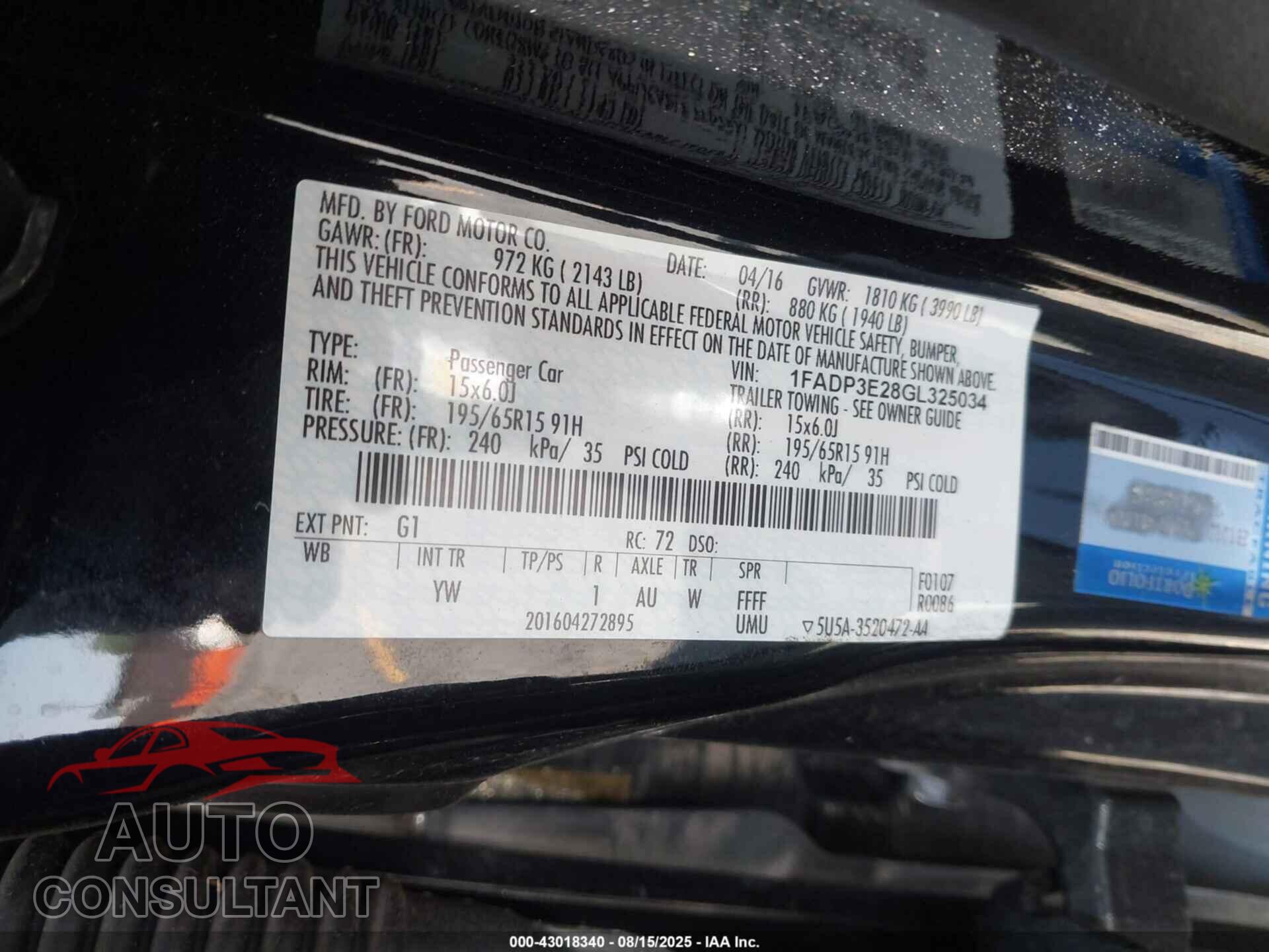FORD FOCUS 2016 - 1FADP3E28GL325034