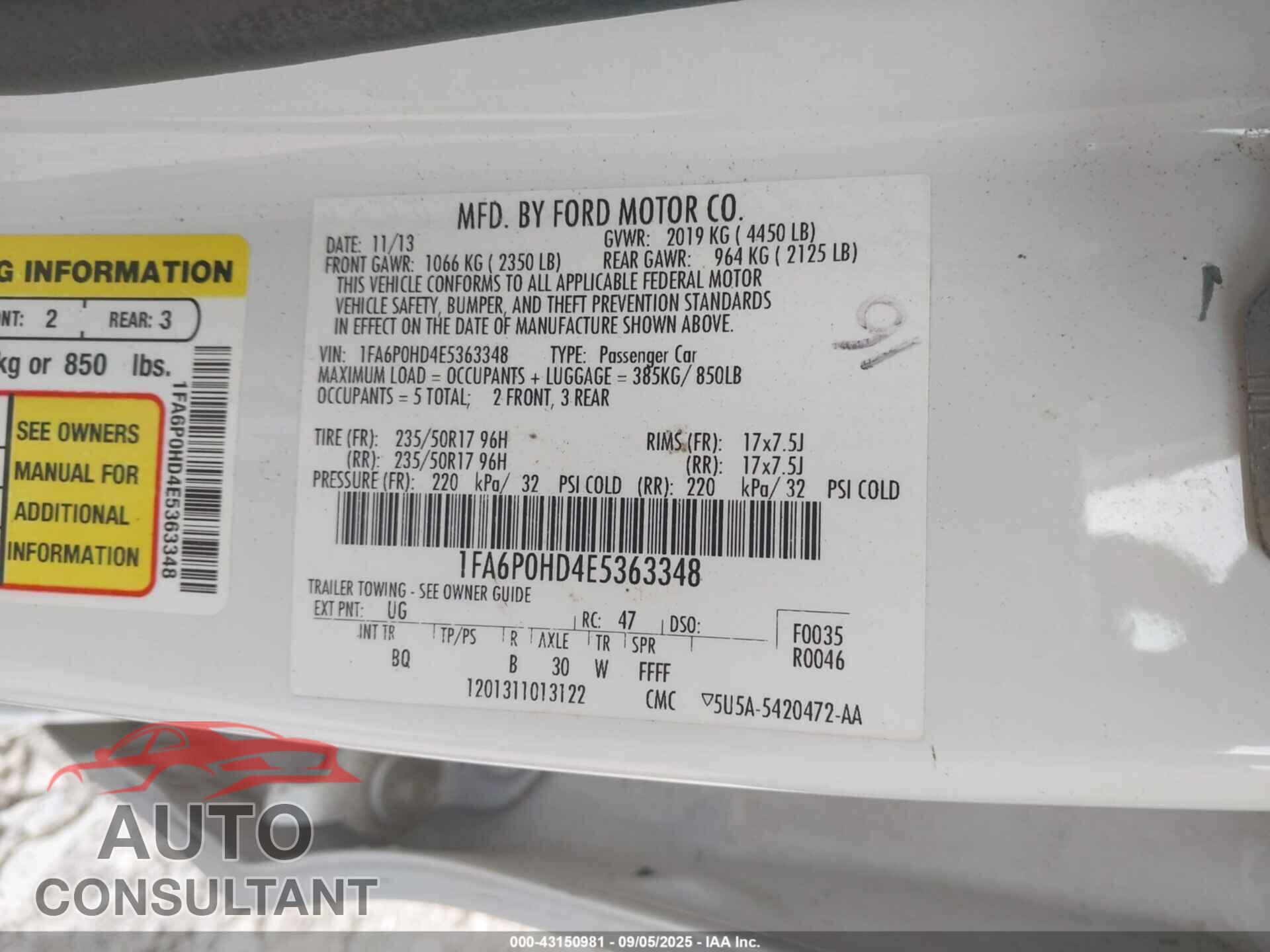 FORD FUSION 2014 - 1FA6P0HD4E5363348