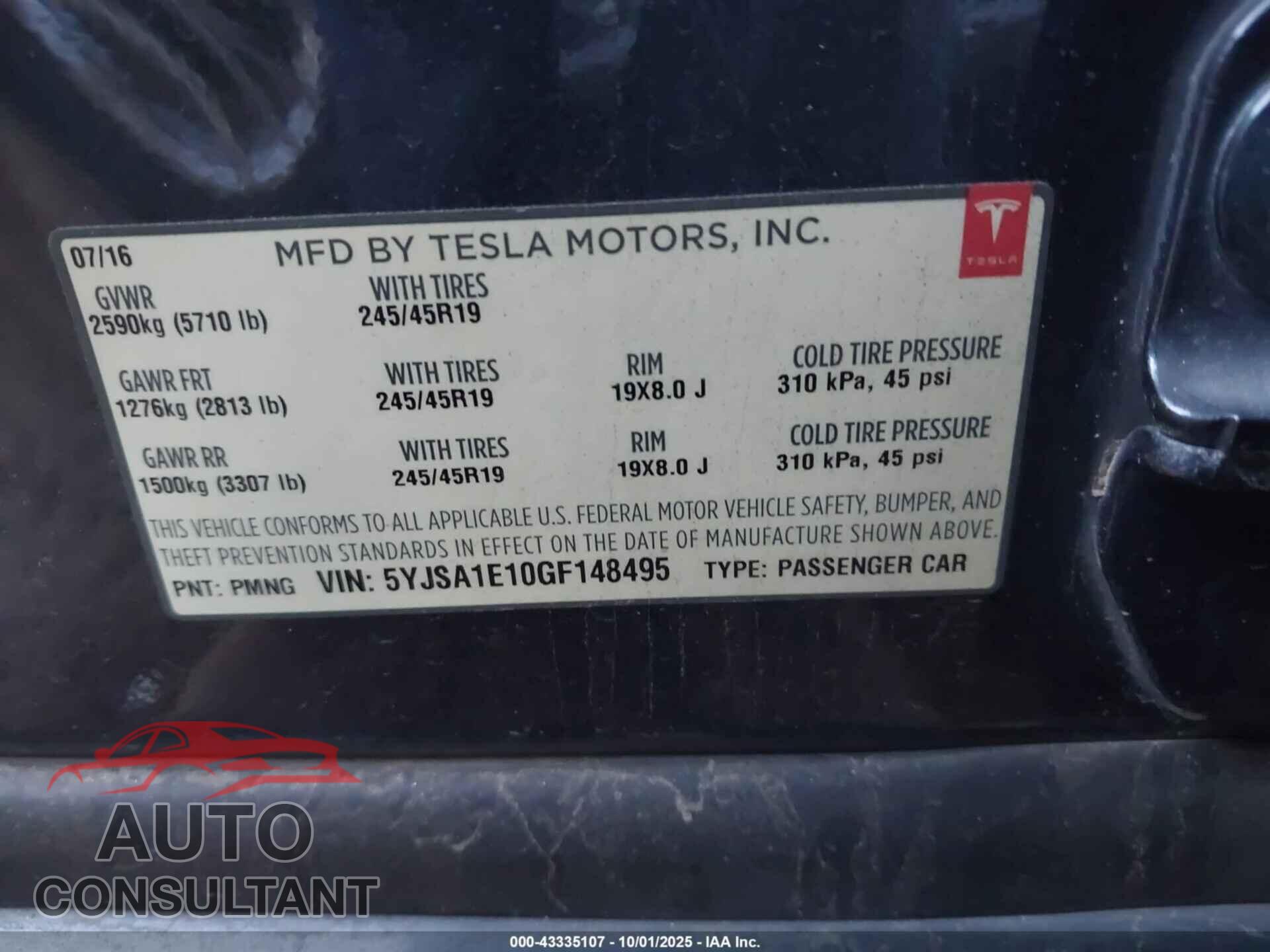 TESLA MODEL S 2016 - 5YJSA1E10GF148495