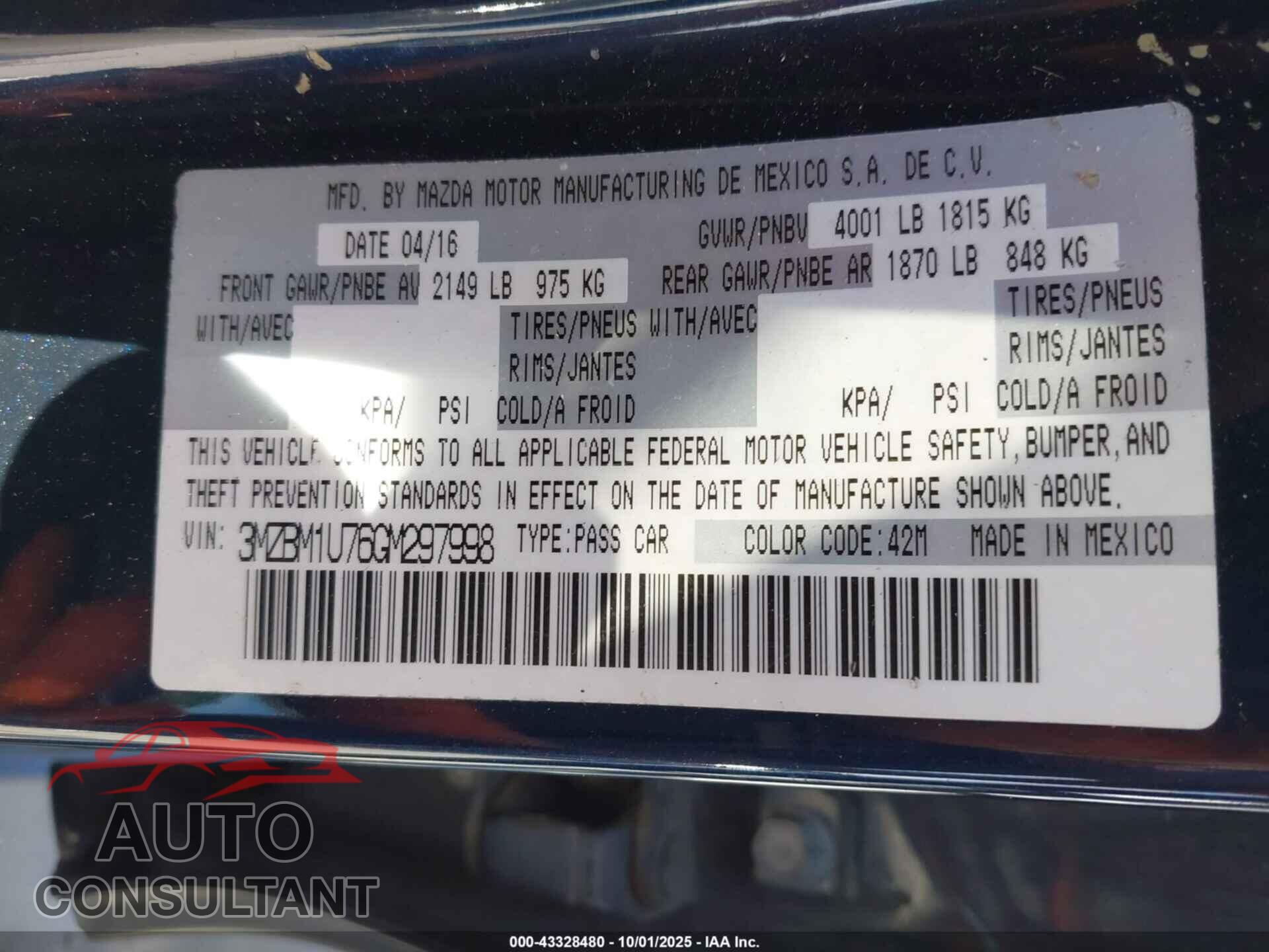 MAZDA MAZDA3 2016 - 3MZBM1U76GM297998