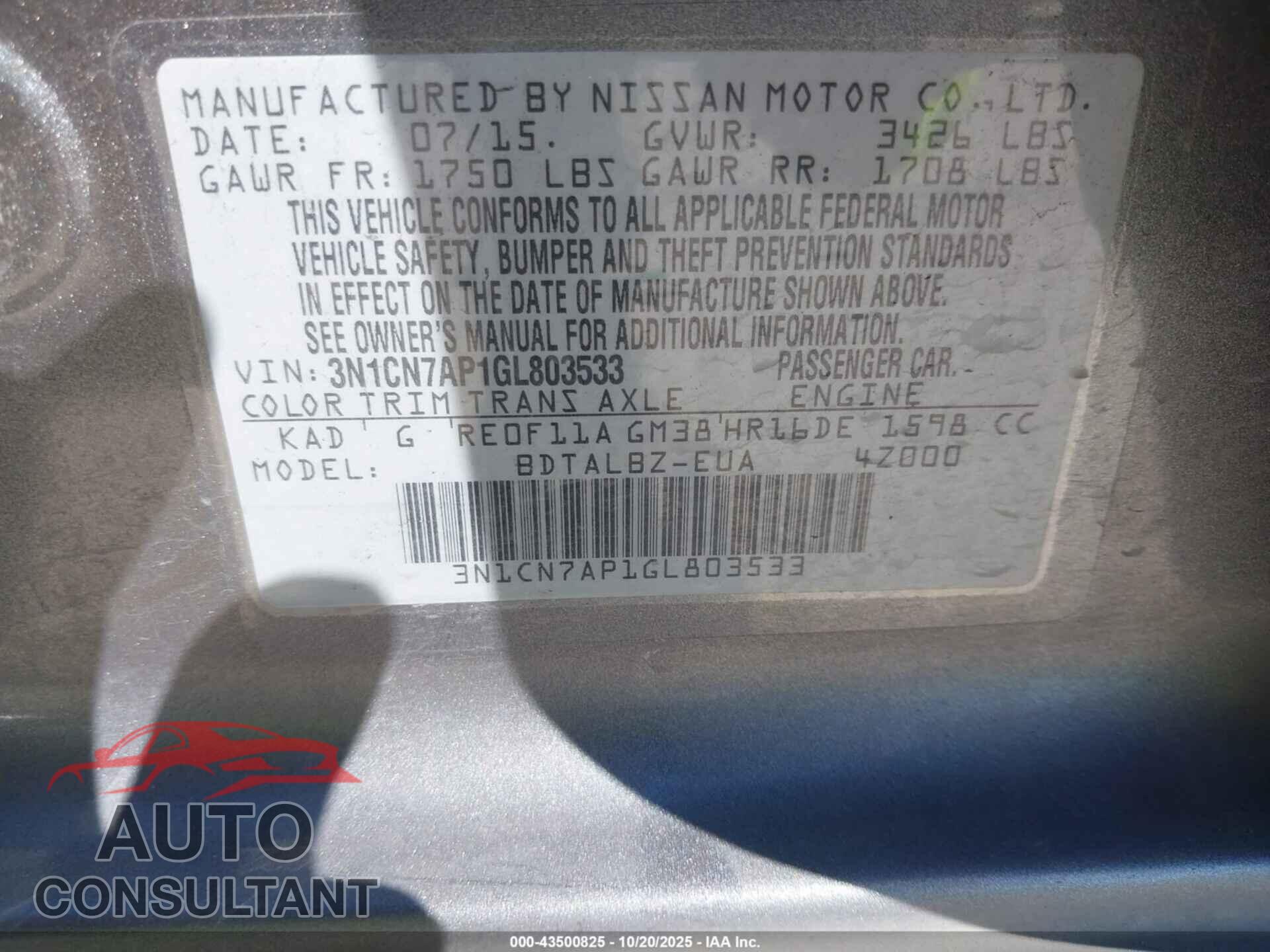 NISSAN VERSA 2016 - 3N1CN7AP1GL803533