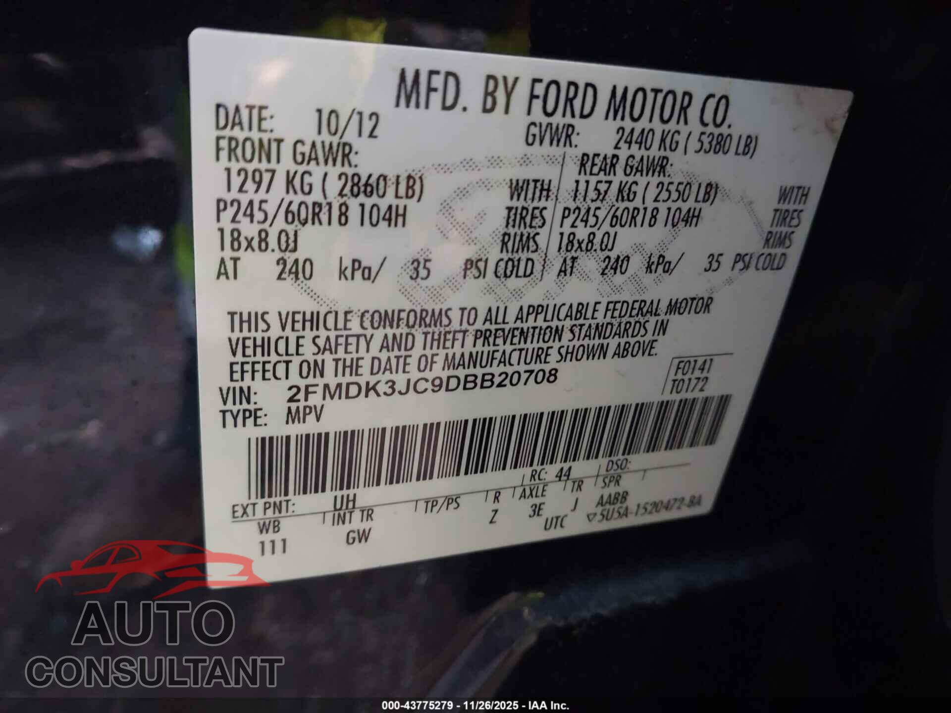 FORD EDGE 2013 - 2FMDK3JC9DBB20708