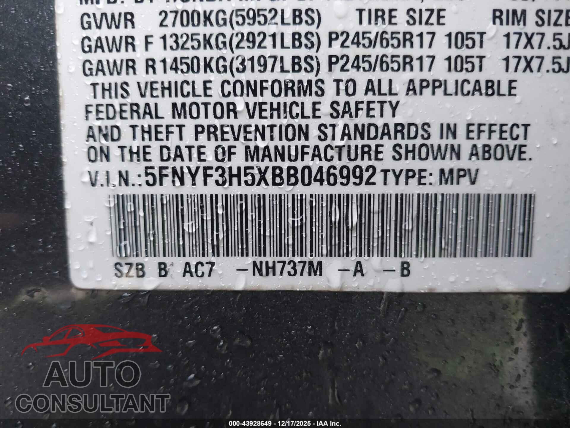 HONDA PILOT 2011 - 5FNYF3H5XBB046992