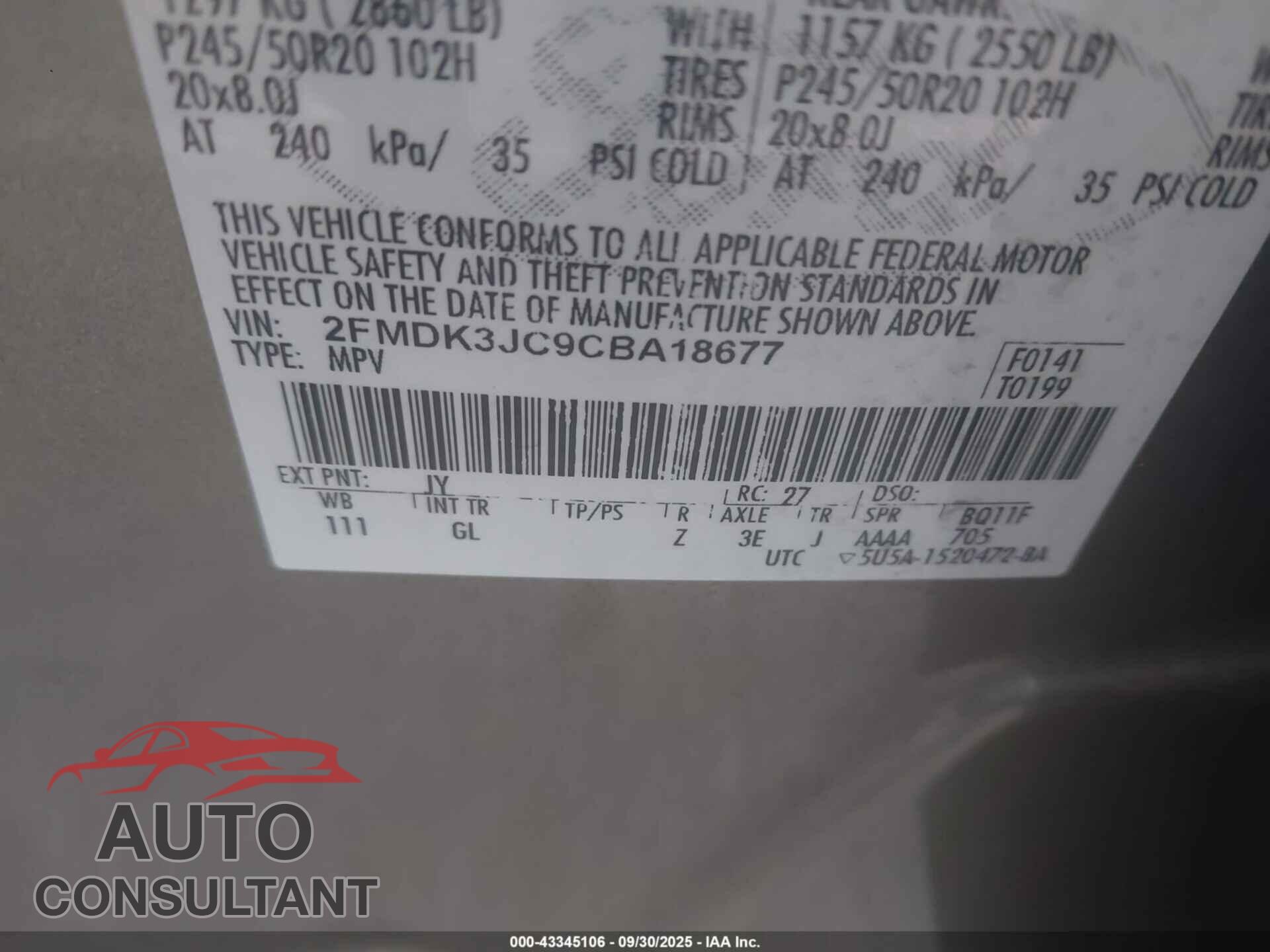 FORD EDGE 2012 - 2FMDK3JC9CBA18677
