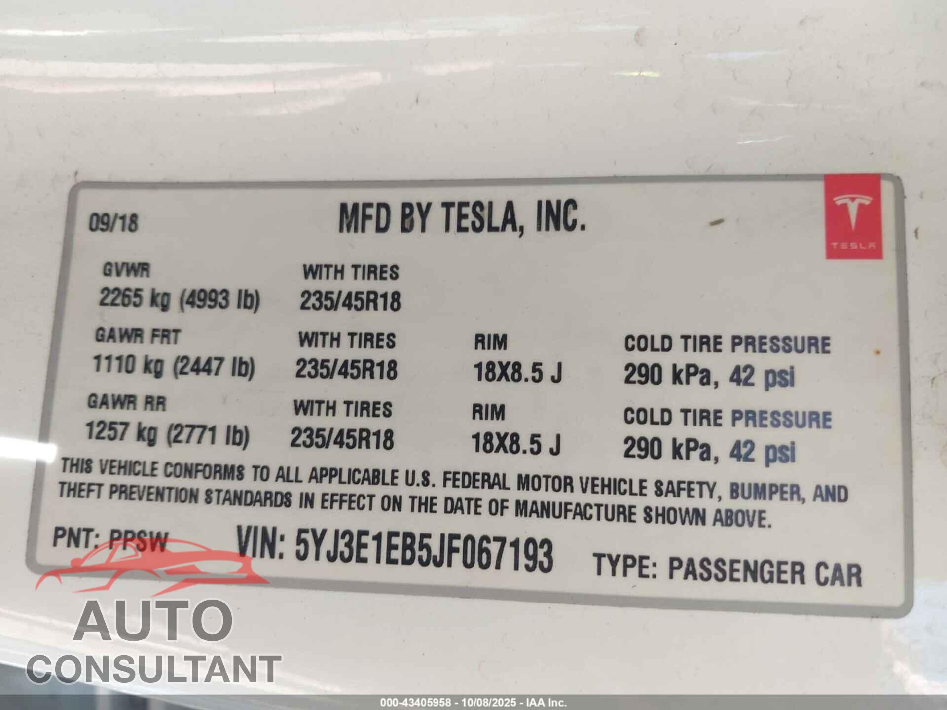 TESLA MODEL 3 2018 - 5YJ3E1EB5JF067193
