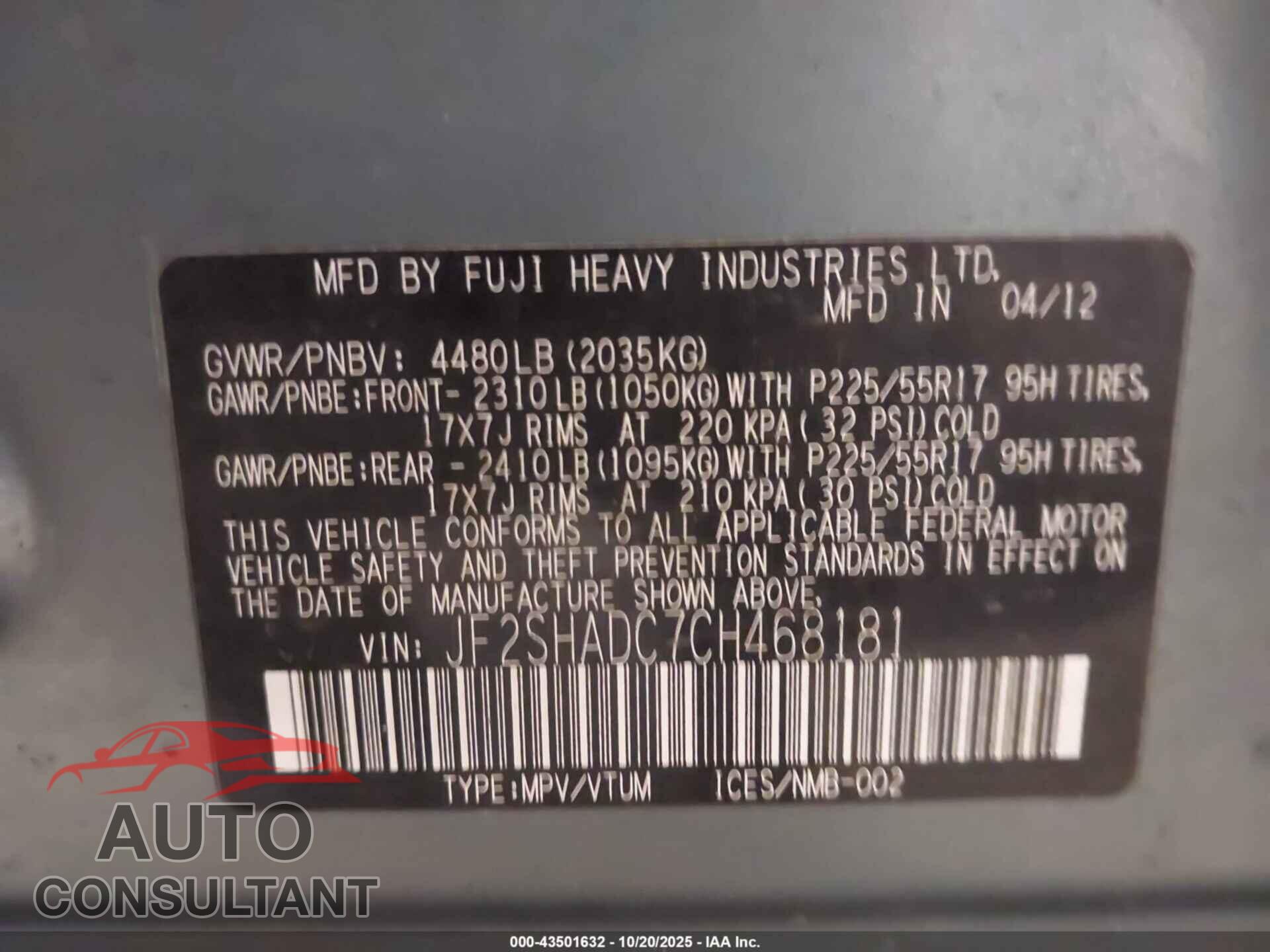 SUBARU FORESTER 2012 - JF2SHADC7CH468181