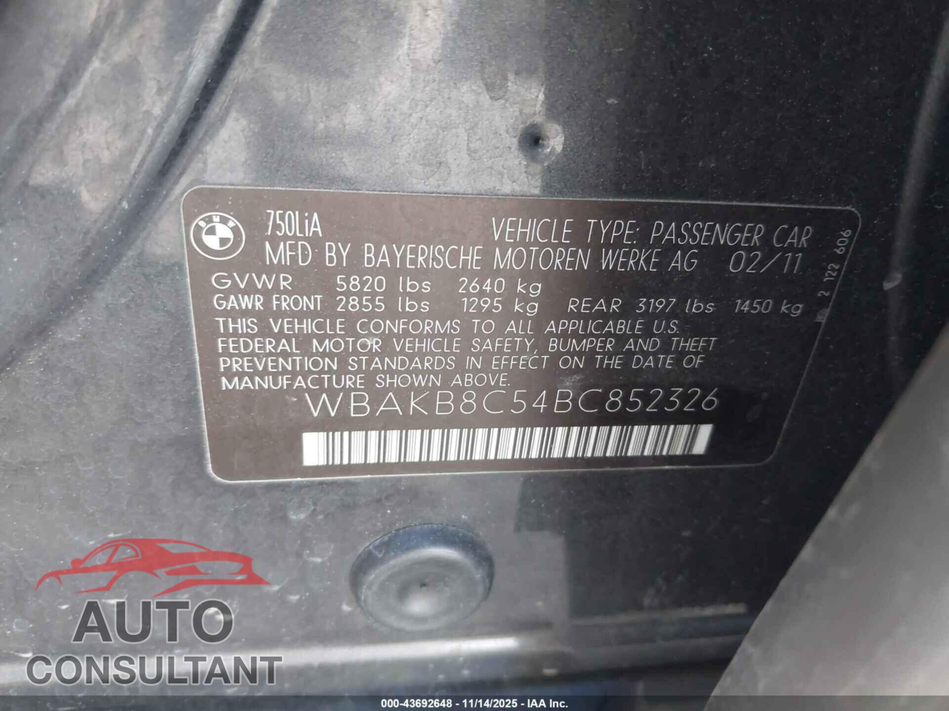 BMW 750LI 2011 - WBAKB8C54BC852326