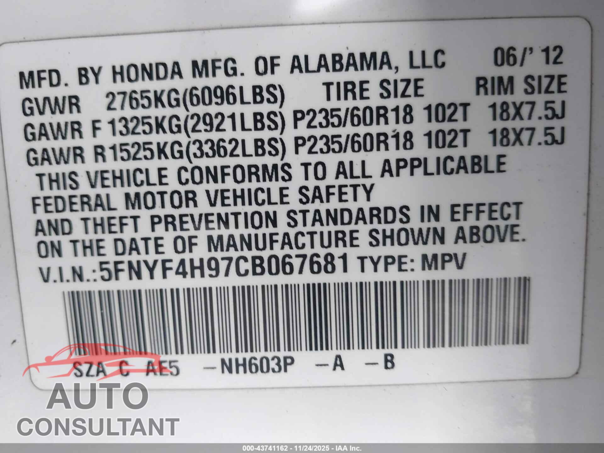 HONDA PILOT 2012 - 5FNYF4H97CB067681
