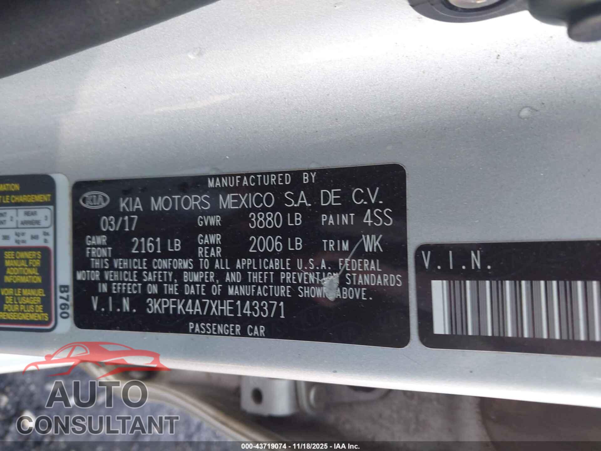 KIA FORTE 2017 - 3KPFK4A7XHE143371