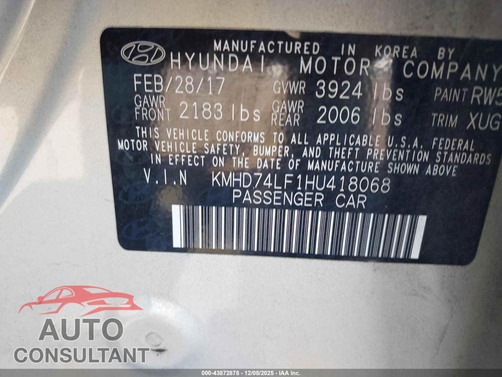 HYUNDAI ELANTRA 2017 - KMHD74LF1HU418068