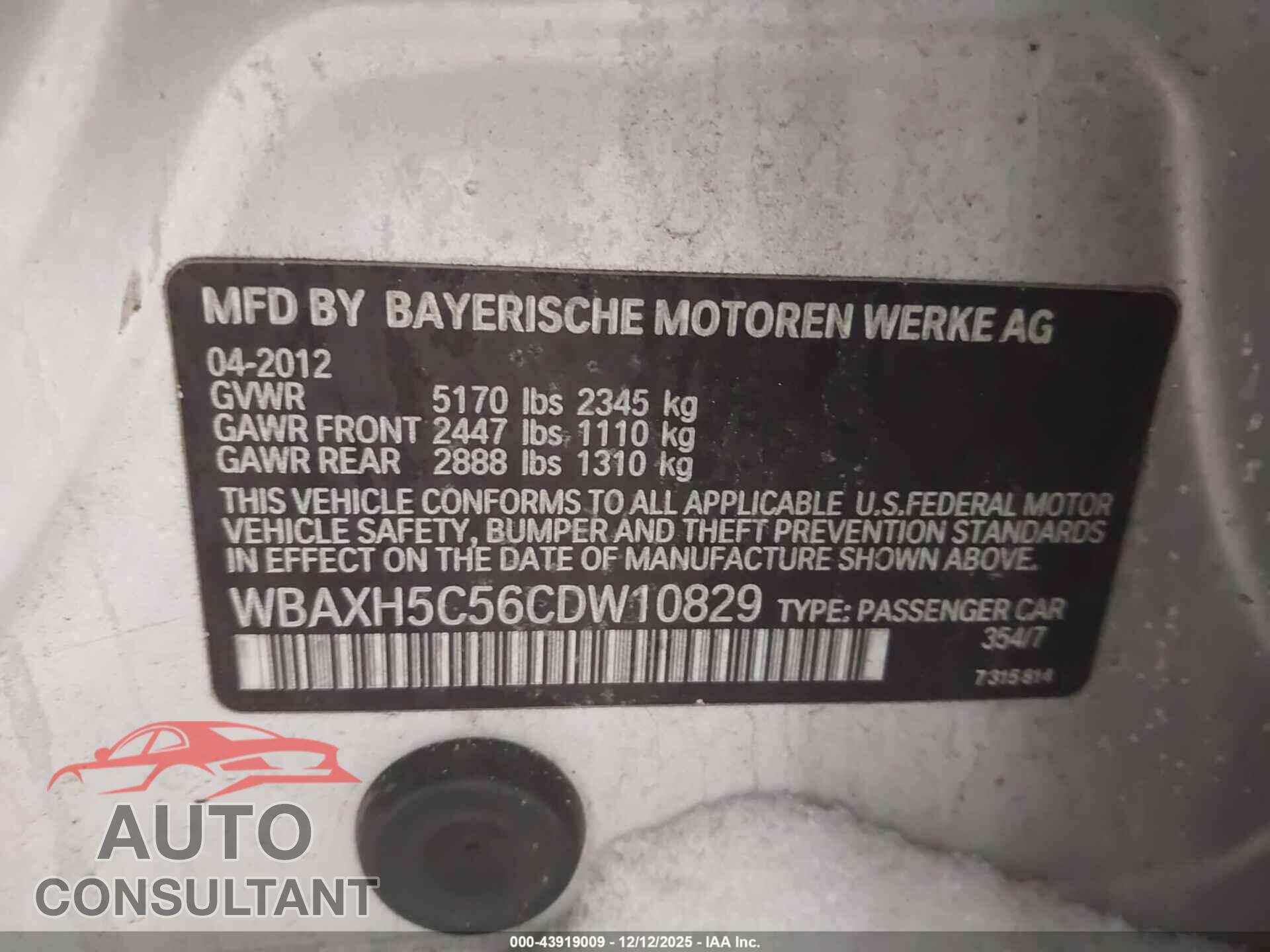 BMW 528I 2012 - WBAXH5C56CDW10829