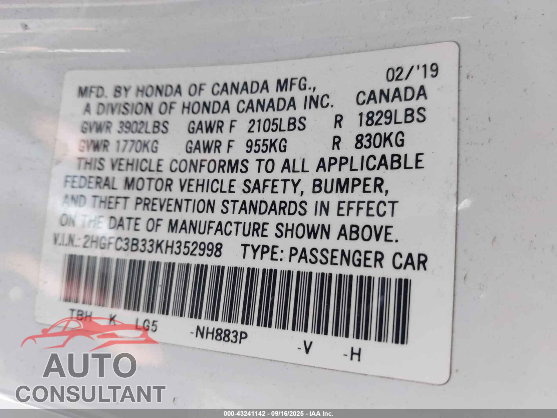 HONDA CIVIC 2019 - 2HGFC3B33KH352998
