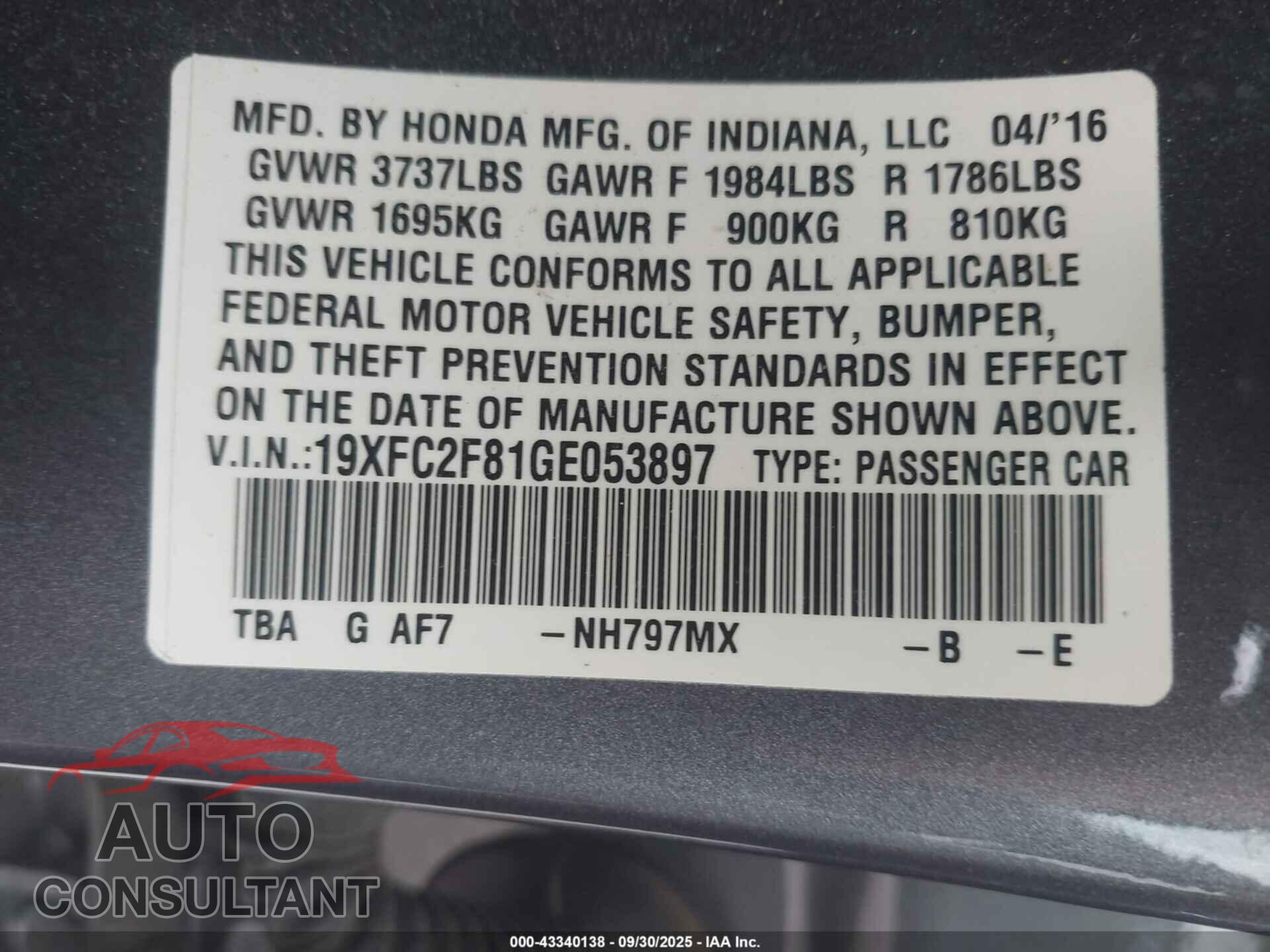 HONDA CIVIC 2016 - 19XFC2F81GE053897