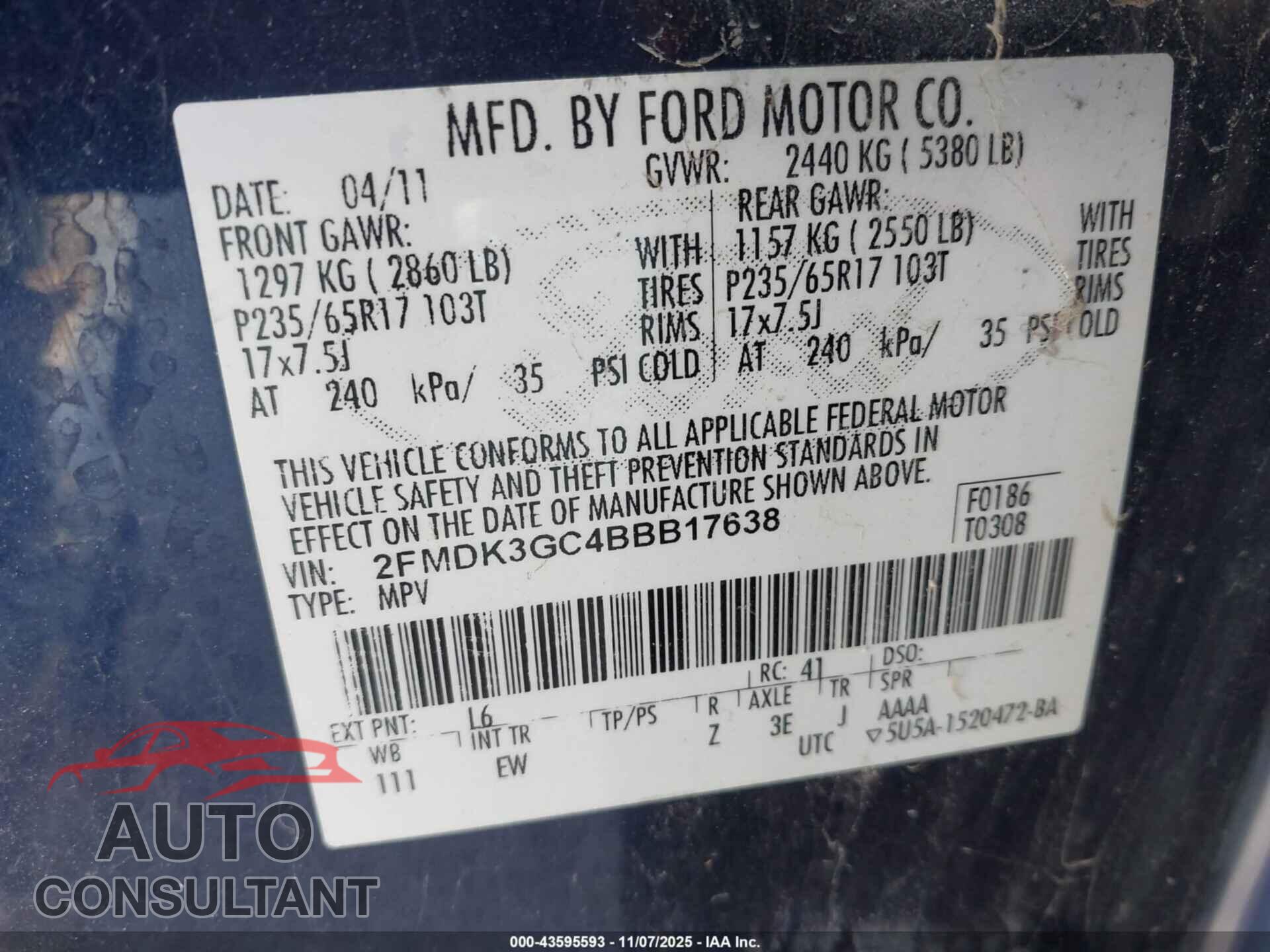 FORD EDGE 2011 - 2FMDK3GC4BBB17638