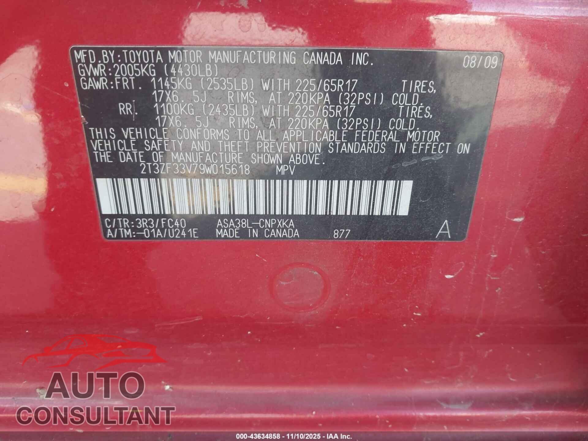 TOYOTA RAV4 2009 - 2T3ZF33V79W015618