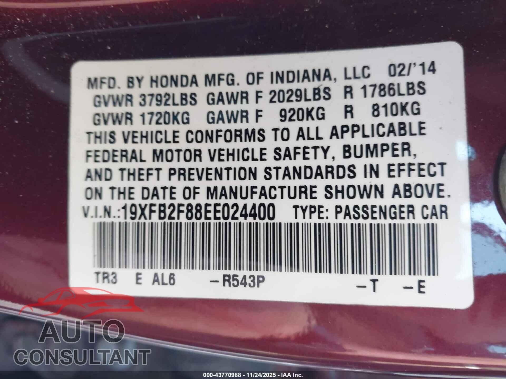 HONDA CIVIC 2014 - 19XFB2F88EE024400