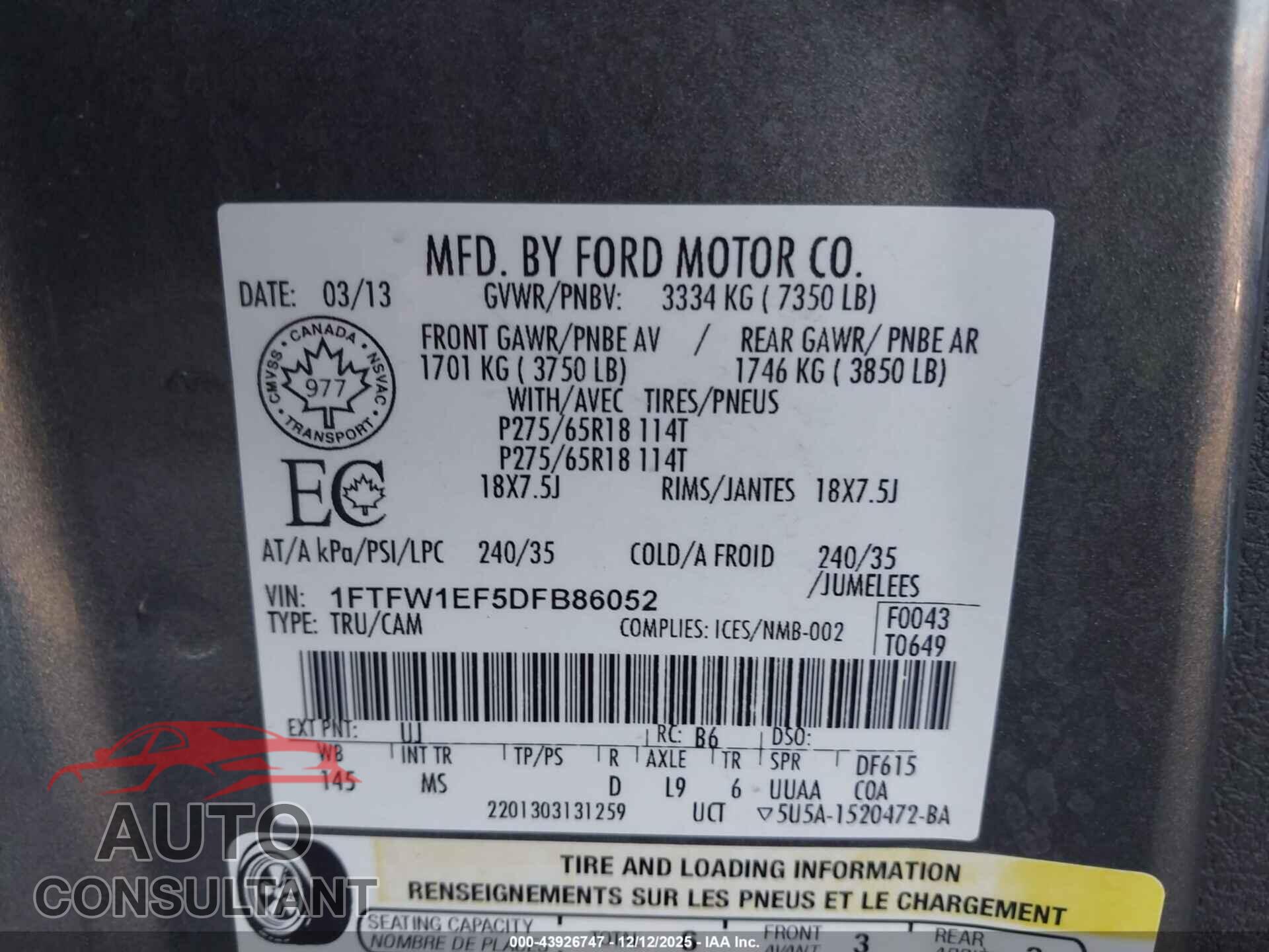 FORD F-150 2013 - 1FTFW1EF5DFB86052