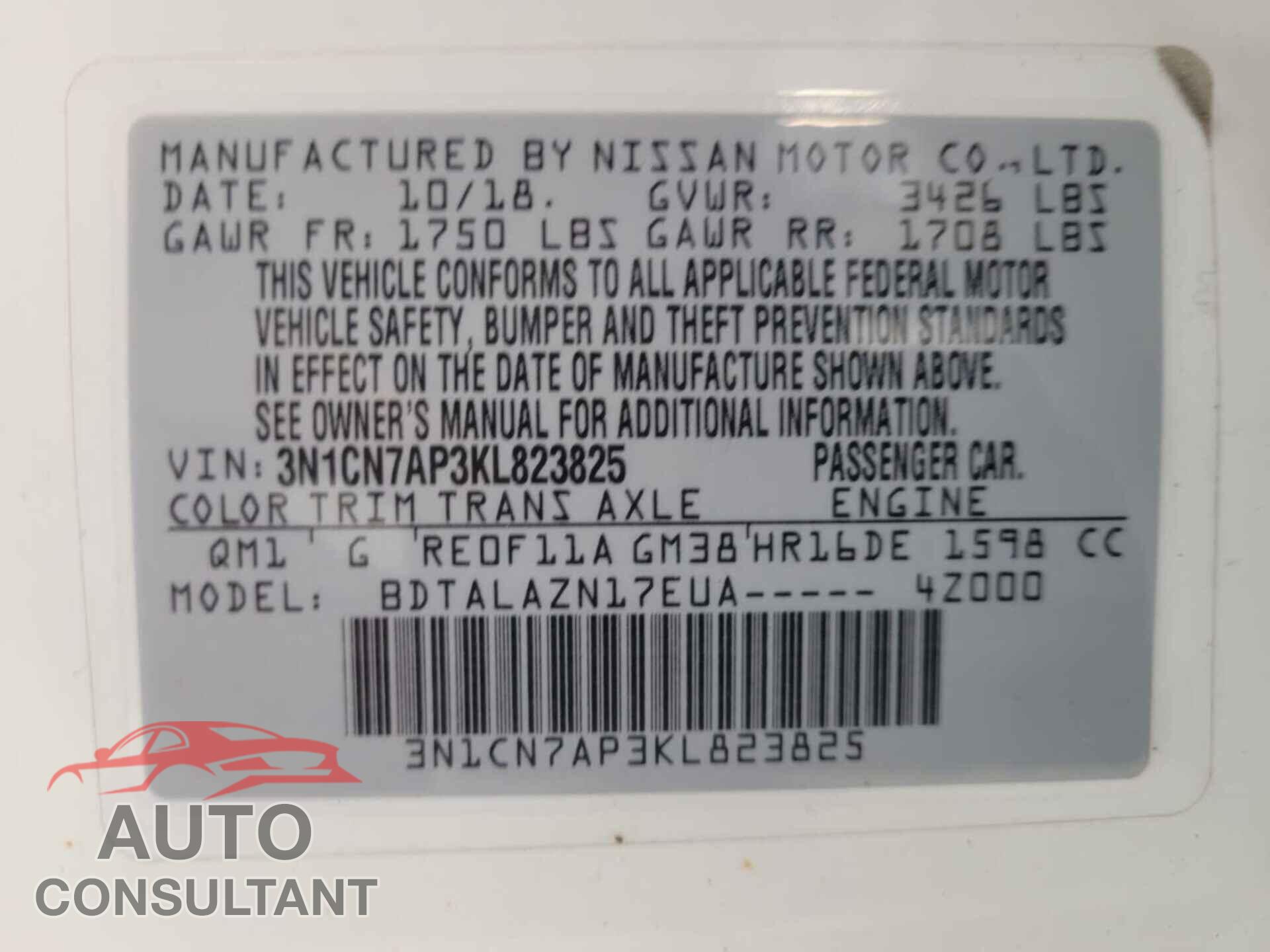 NISSAN VERSA 2019 - 3N1CN7AP3KL823825