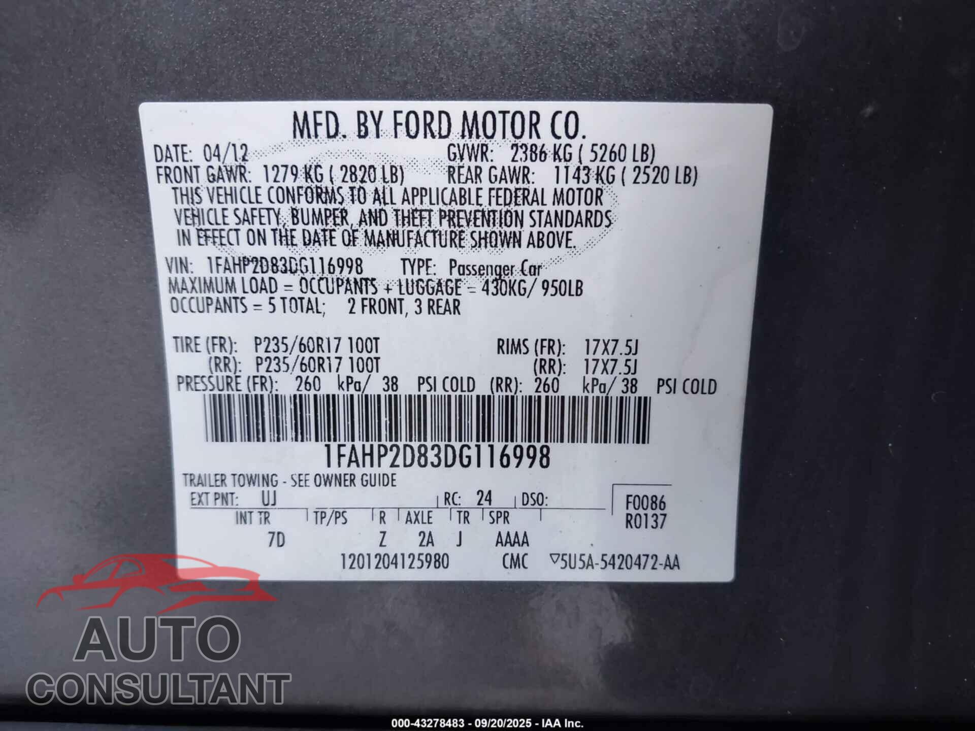 FORD TAURUS 2013 - 1FAHP2D83DG116998