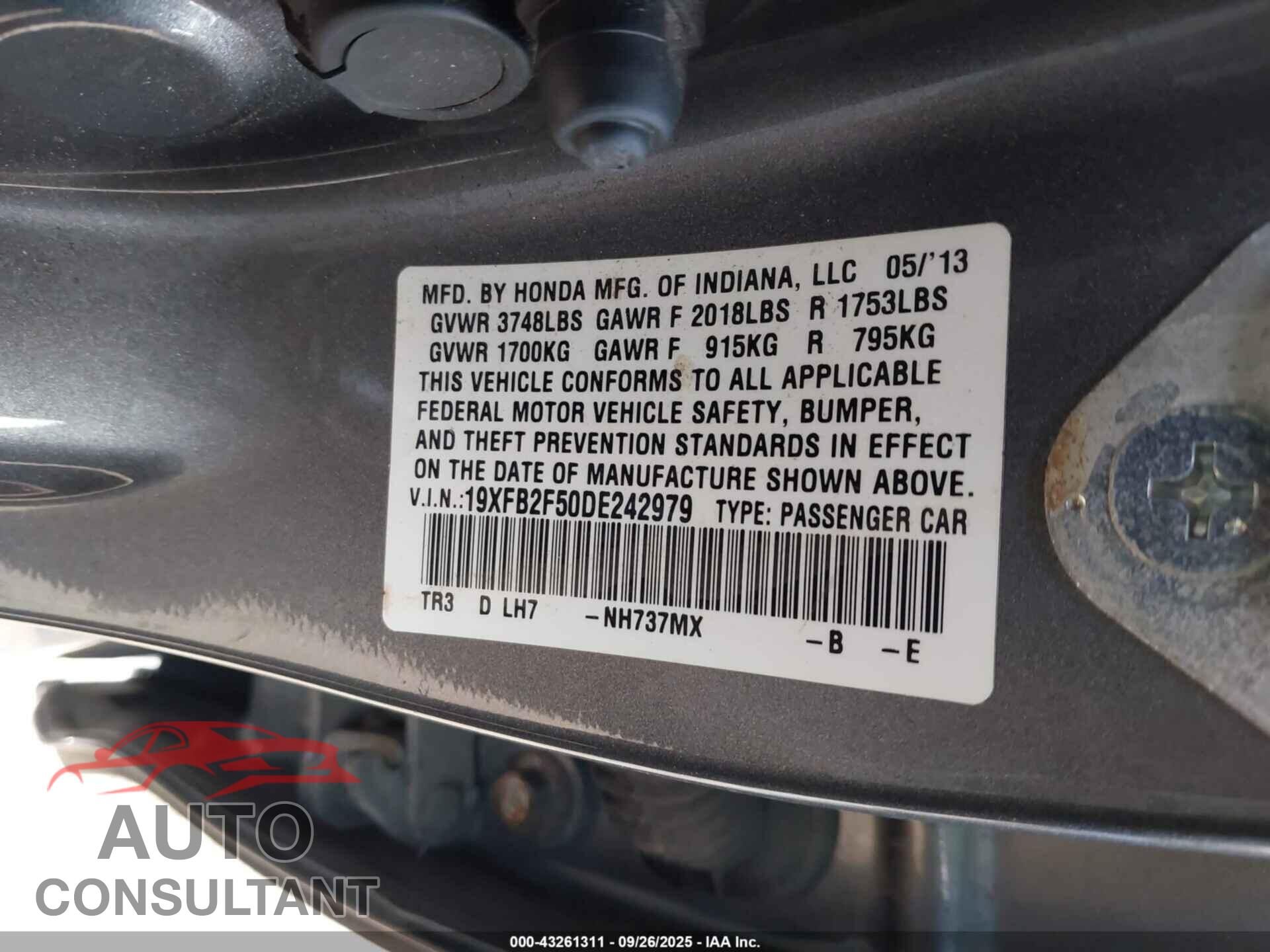 HONDA CIVIC 2013 - 19XFB2F50DE242979