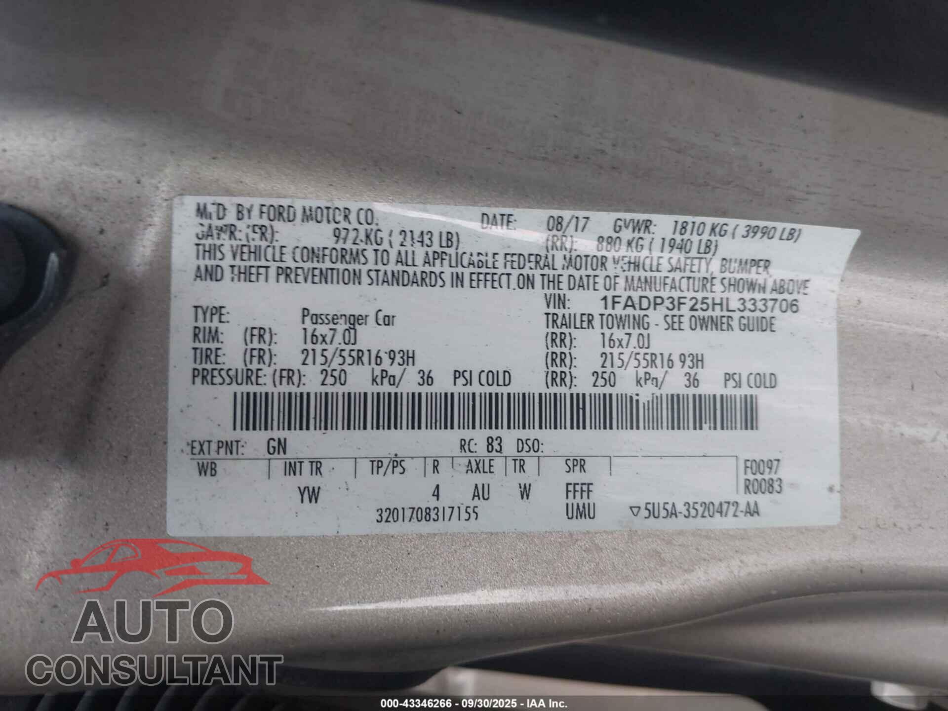 FORD FOCUS 2017 - 1FADP3F25HL333706
