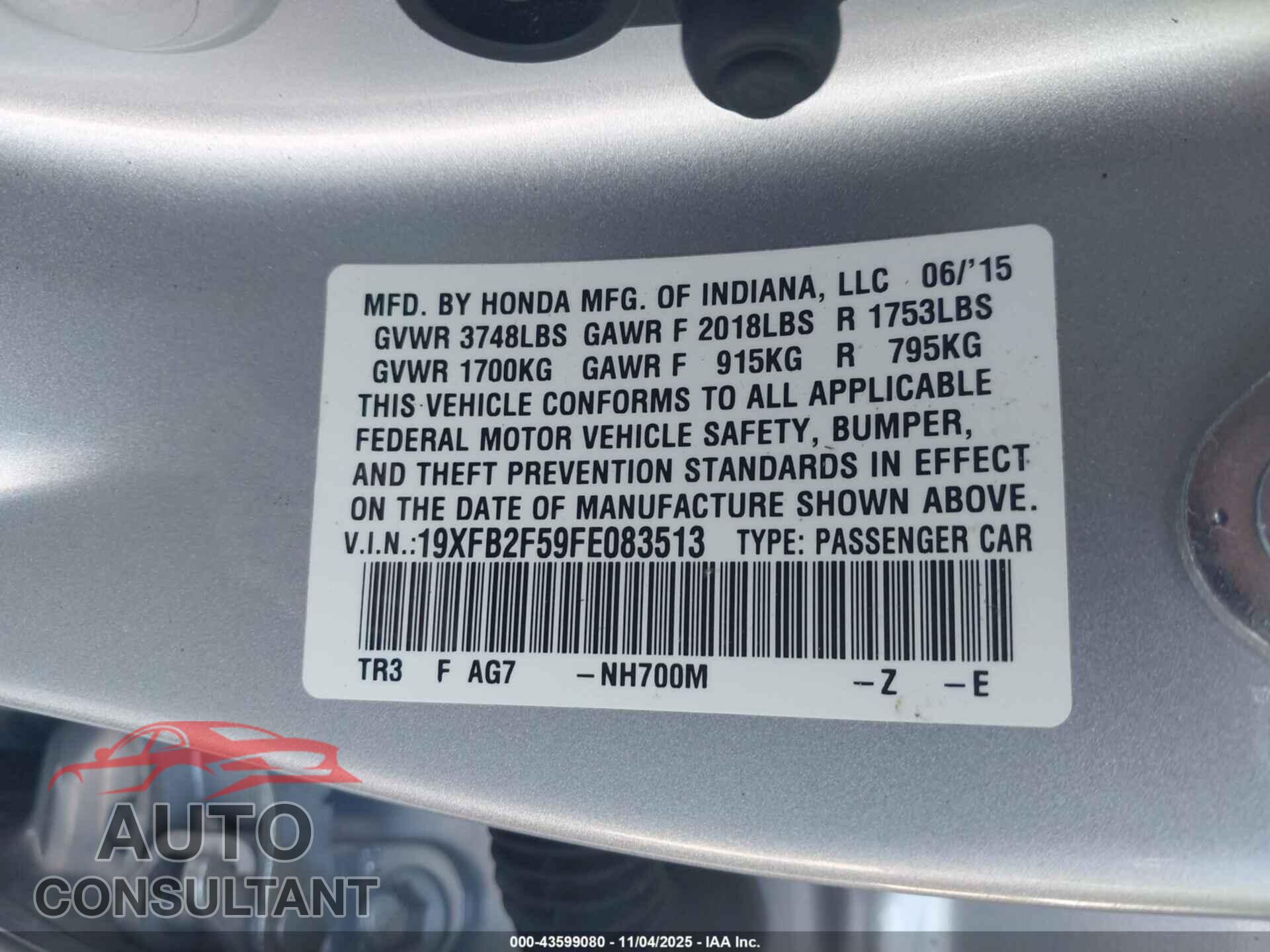 HONDA CIVIC 2015 - 19XFB2F59FE083513