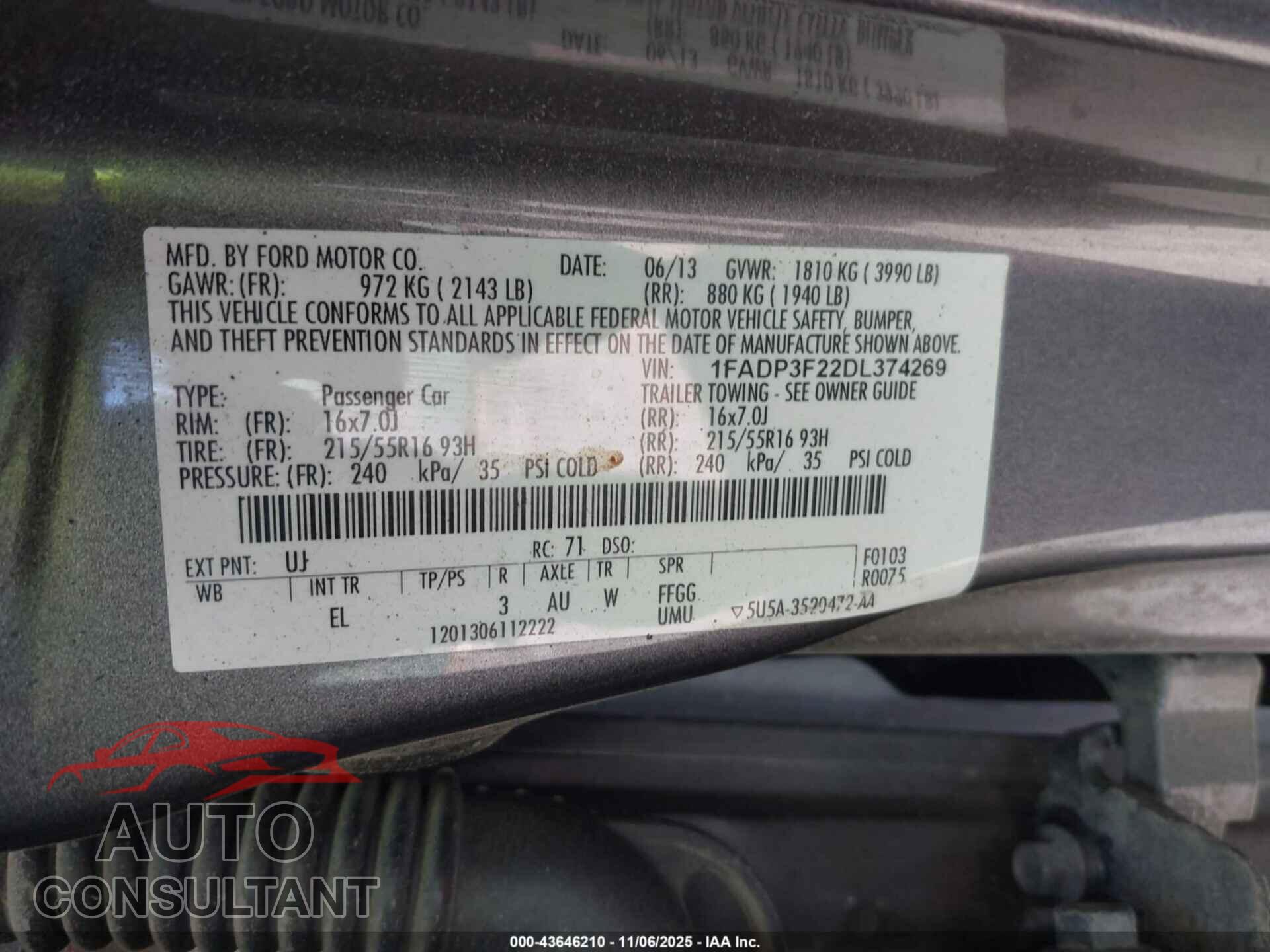 FORD FOCUS 2013 - 1FADP3F22DL374269