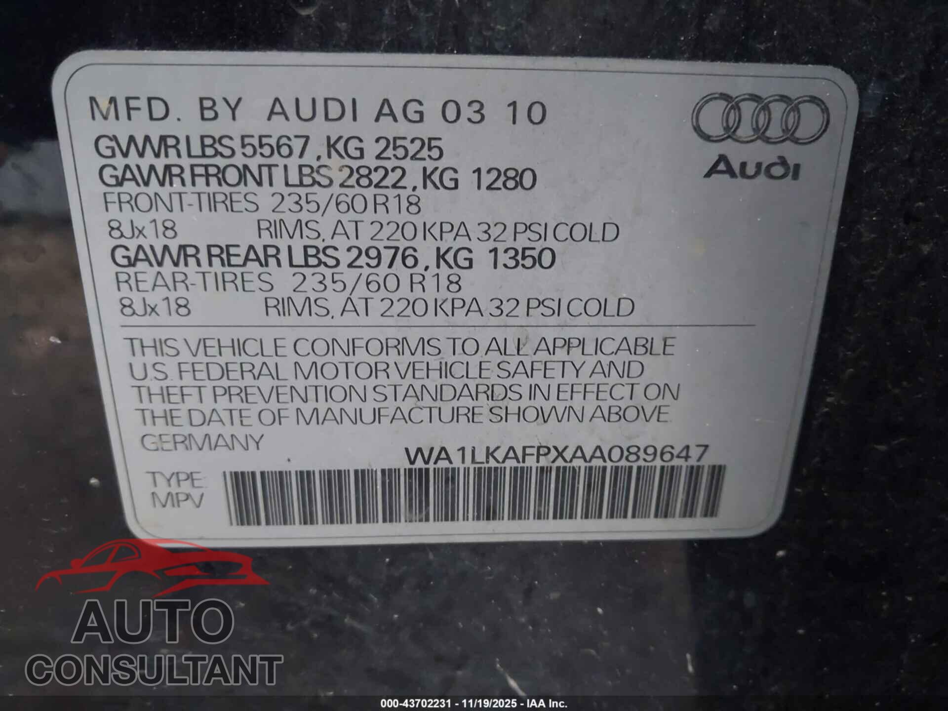 AUDI Q5 2010 - WA1LKAFPXAA089647