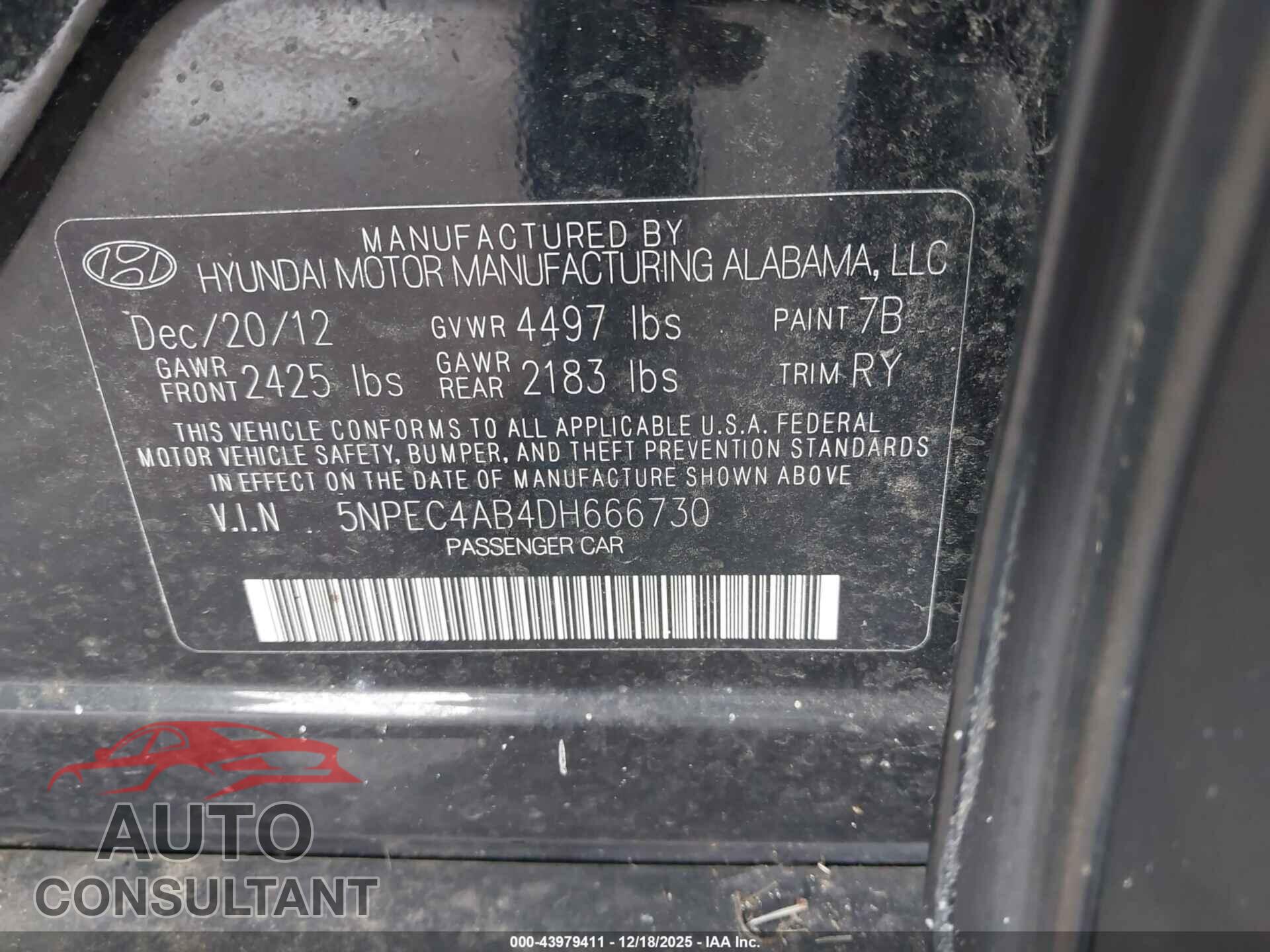 HYUNDAI SONATA 2013 - 5NPEC4AB4DH666730