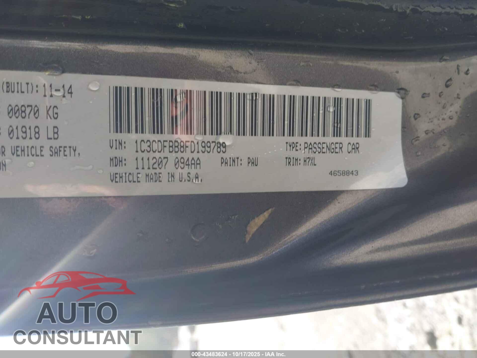 DODGE DART 2015 - 1C3CDFBB8FD199789