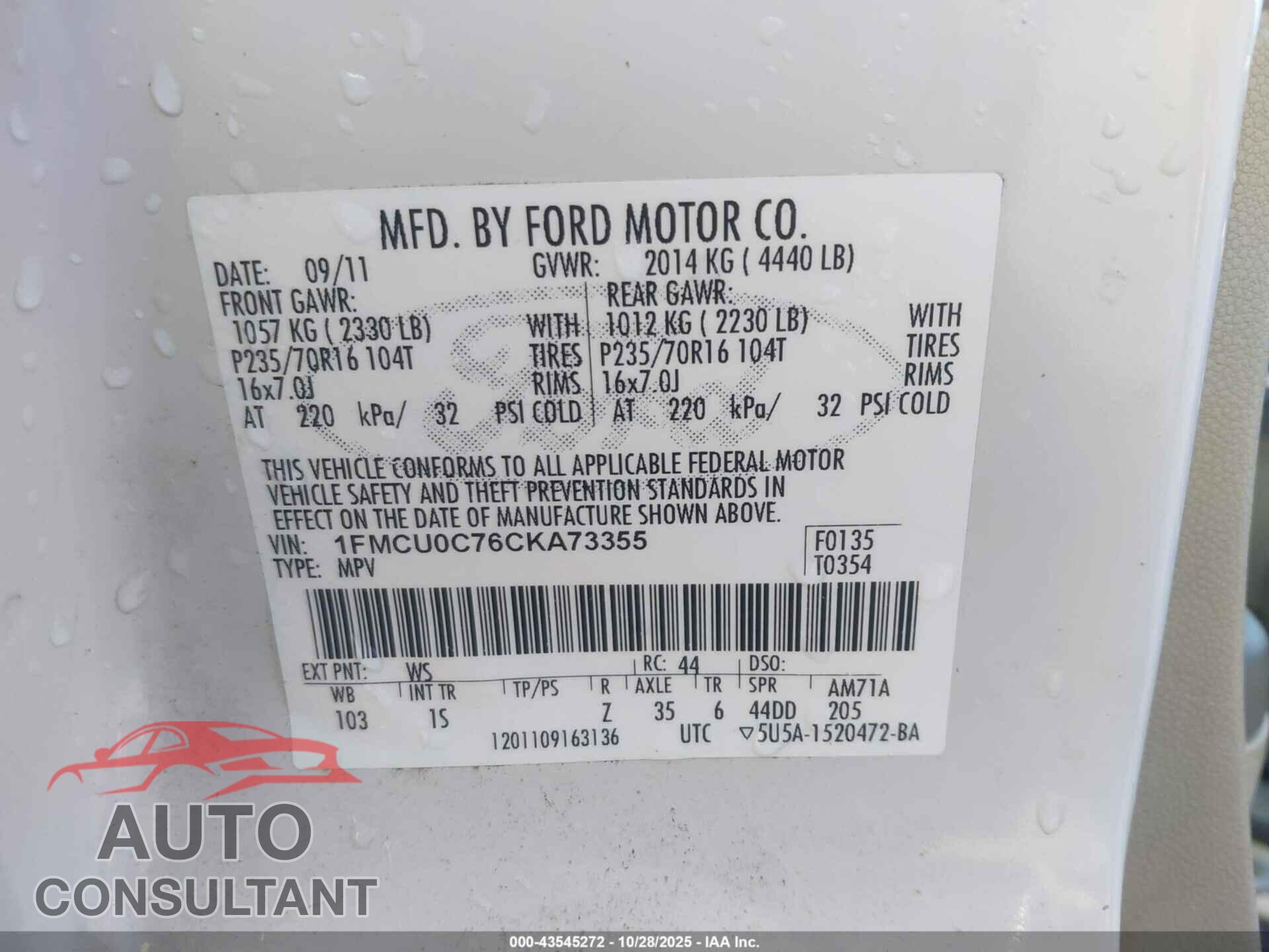 FORD ESCAPE 2012 - 1FMCU0C76CKA73355