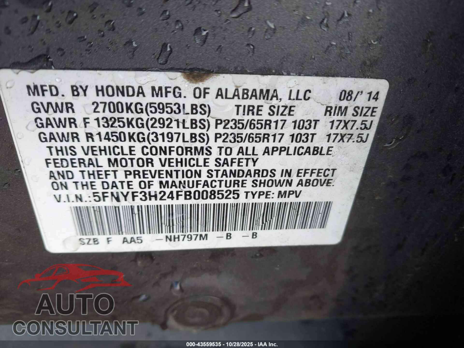 HONDA PILOT 2015 - 5FNYF3H24FB008525
