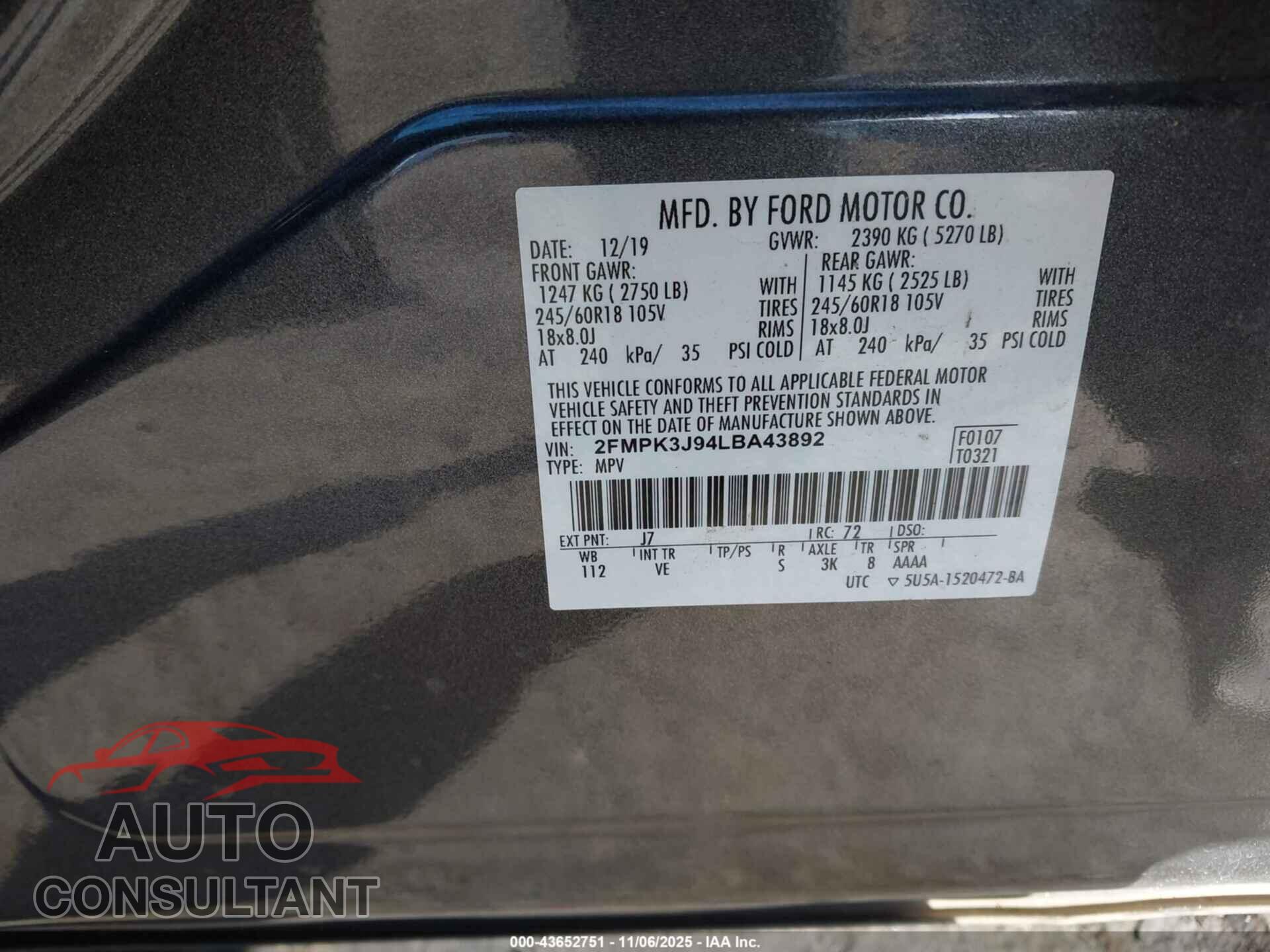 FORD EDGE 2020 - 2FMPK3J94LBA43892