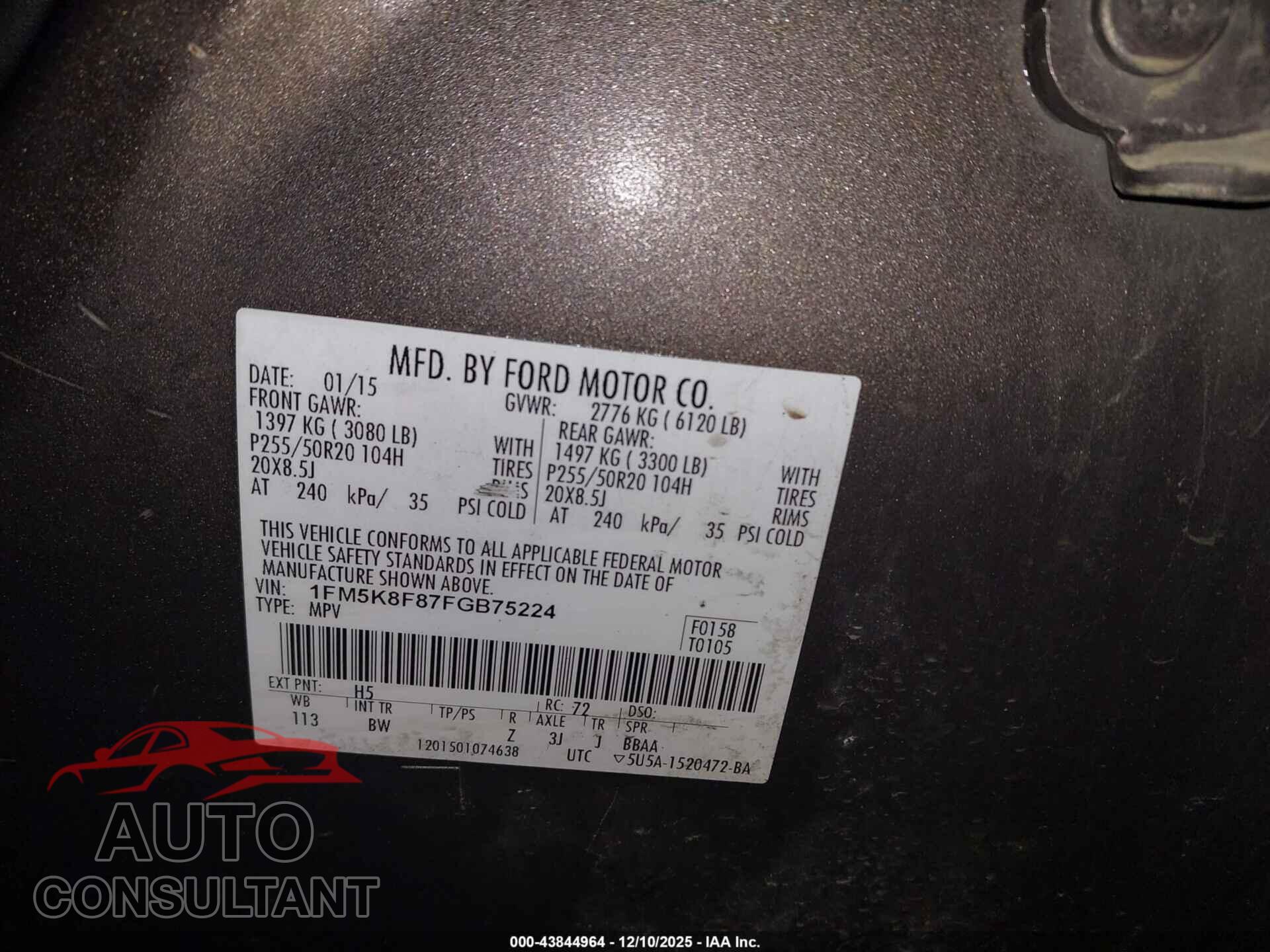 FORD EXPLORER 2015 - 1FM5K8F87FGB75224