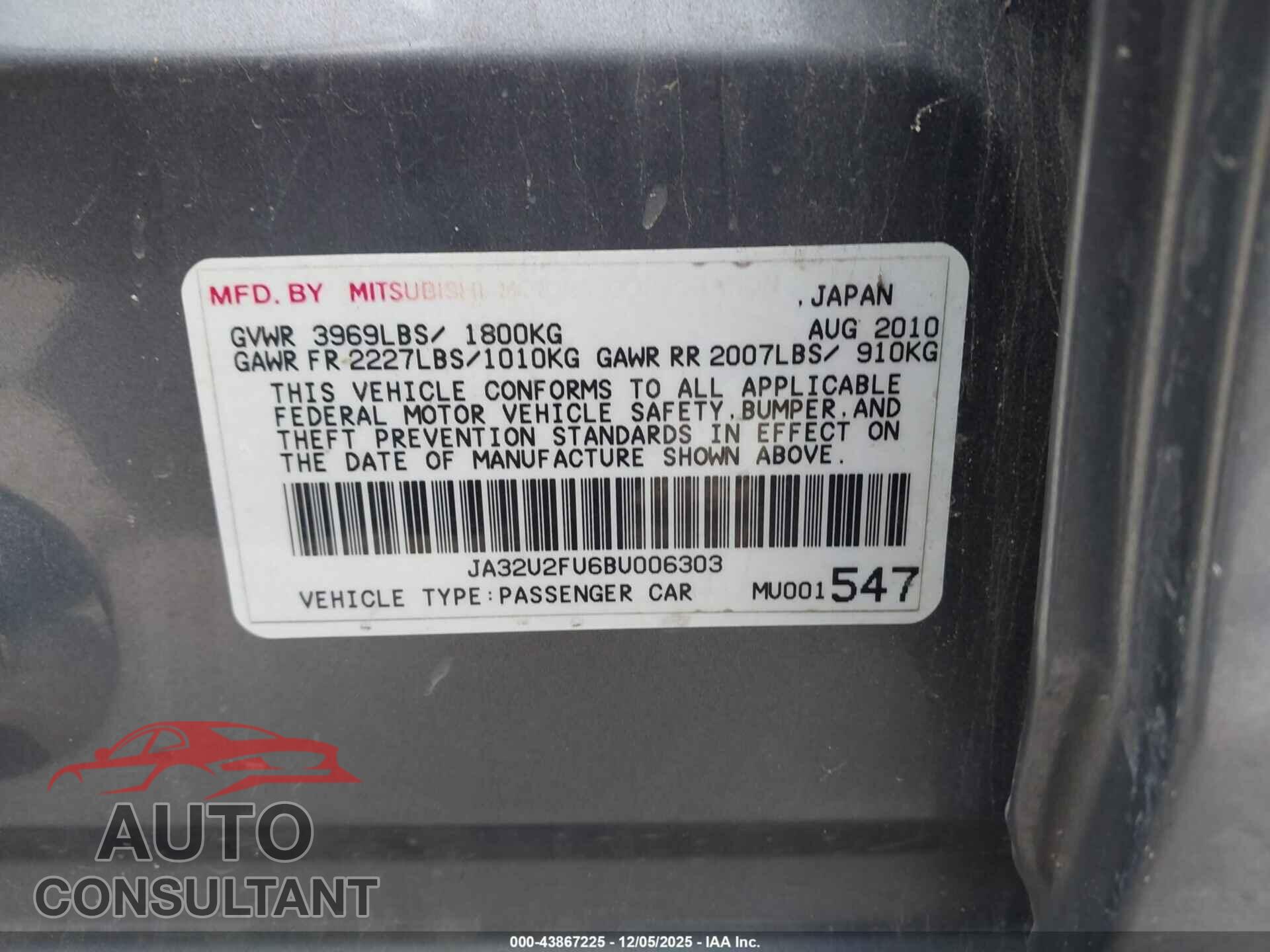MITSUBISHI LANCER 2011 - JA32U2FU6BU006303