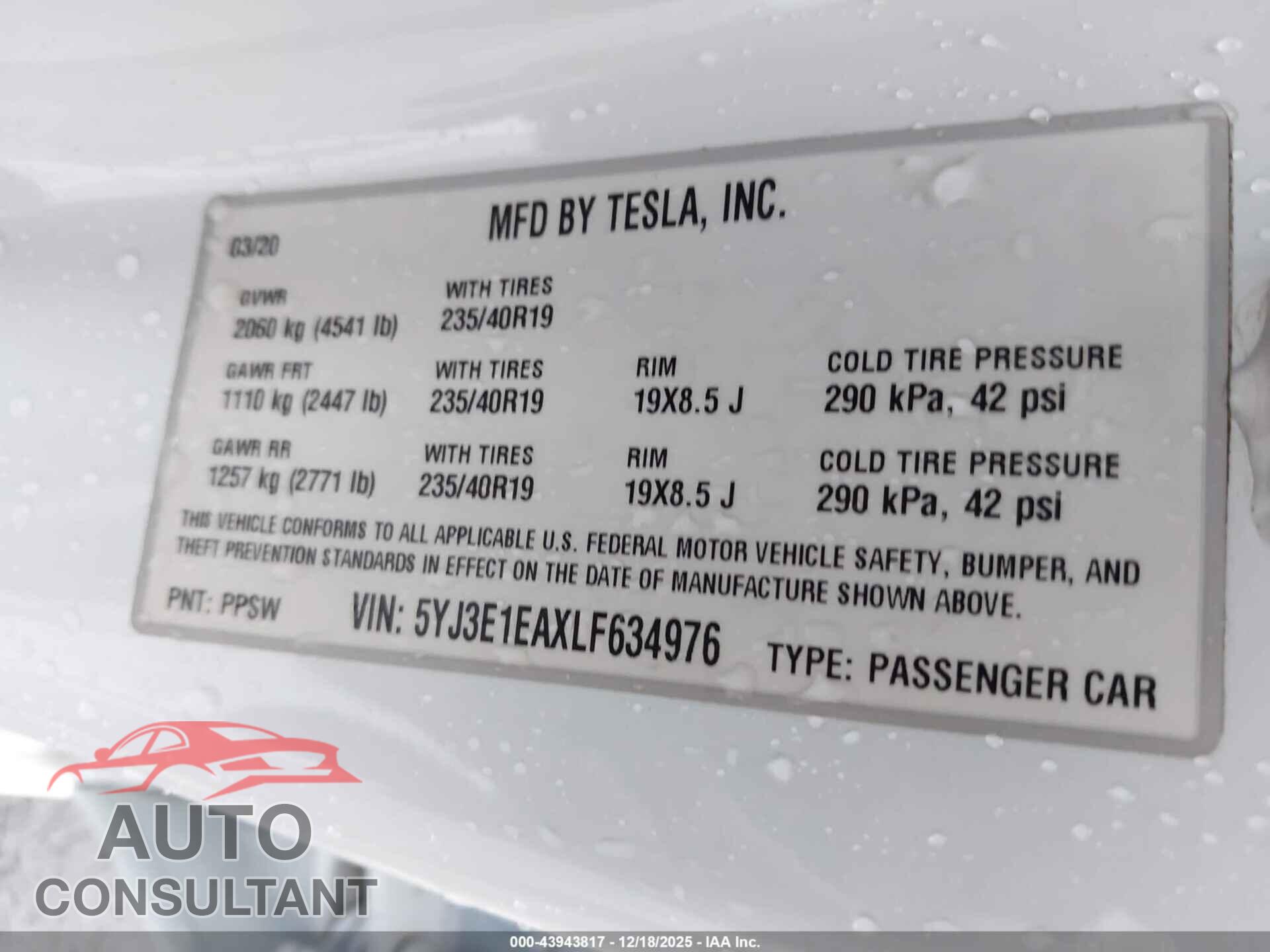 TESLA MODEL 3 2020 - 5YJ3E1EAXLF634976