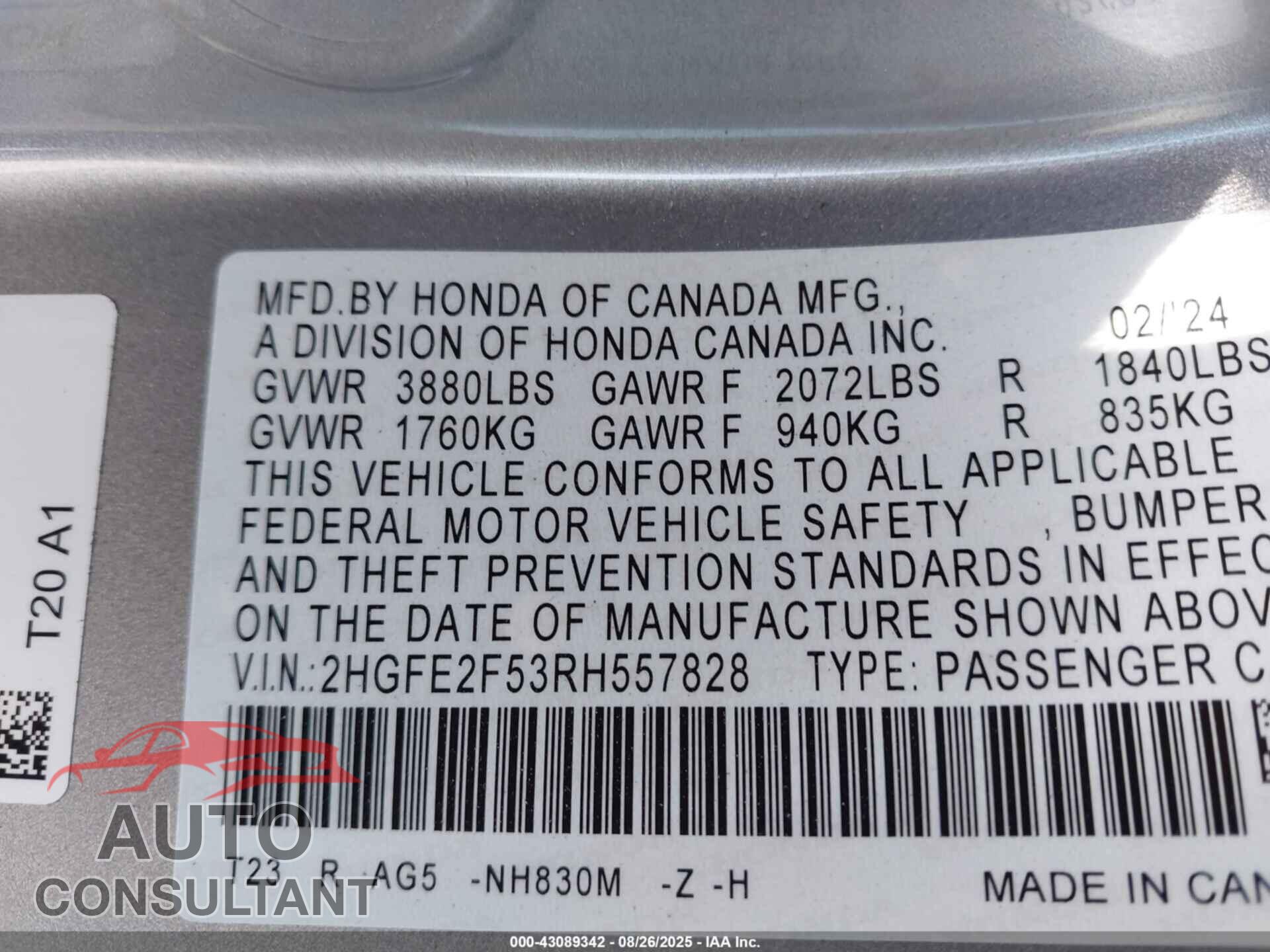 HONDA CIVIC 2024 - 2HGFE2F53RH557828