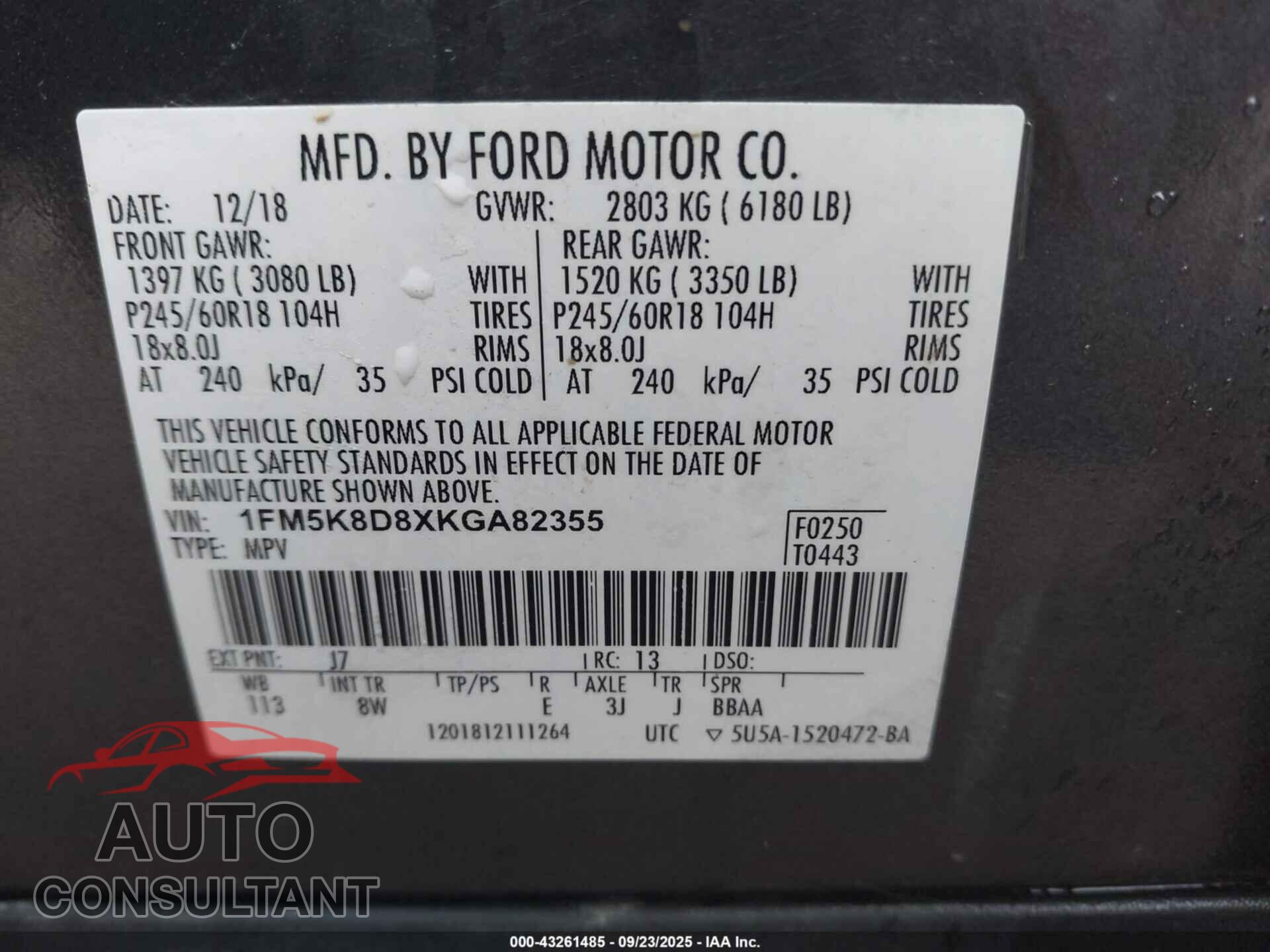 FORD EXPLORER 2019 - 1FM5K8D8XKGA82355