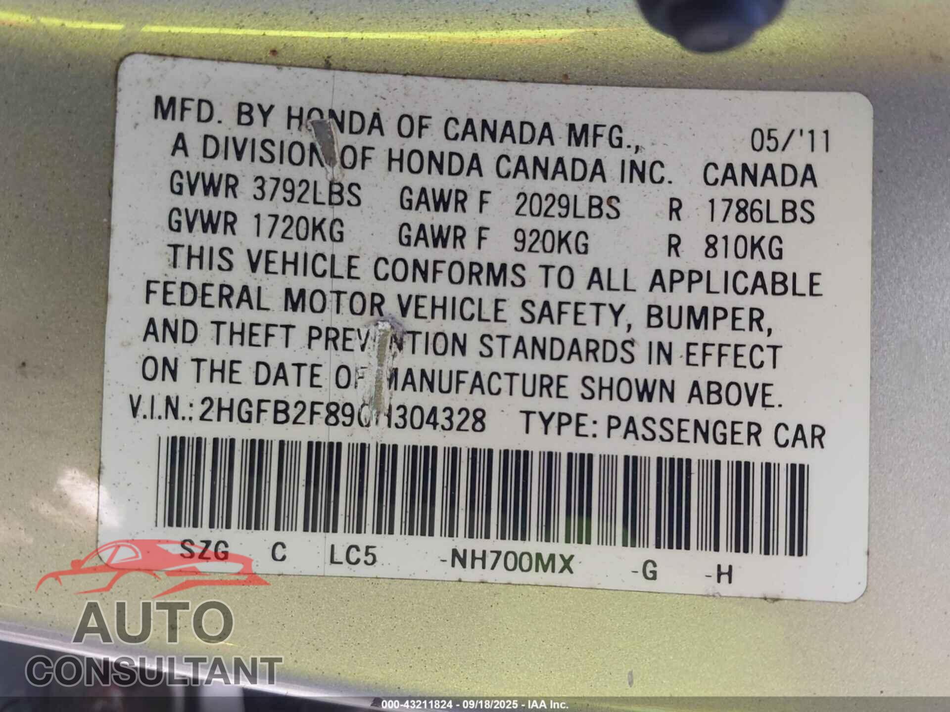 HONDA CIVIC 2012 - 2HGFB2F89CH304328