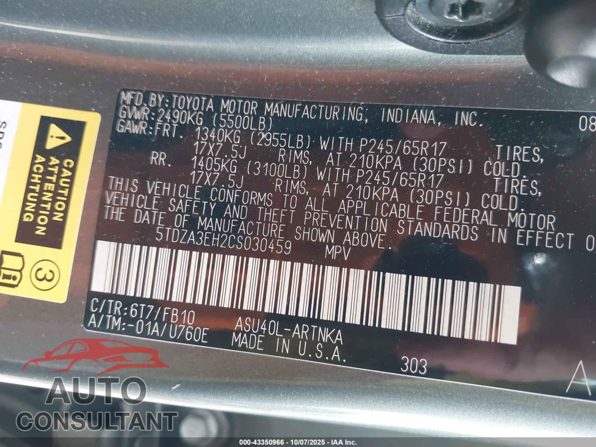 TOYOTA HIGHLANDER 2012 - 5TDZA3EH2CS030459