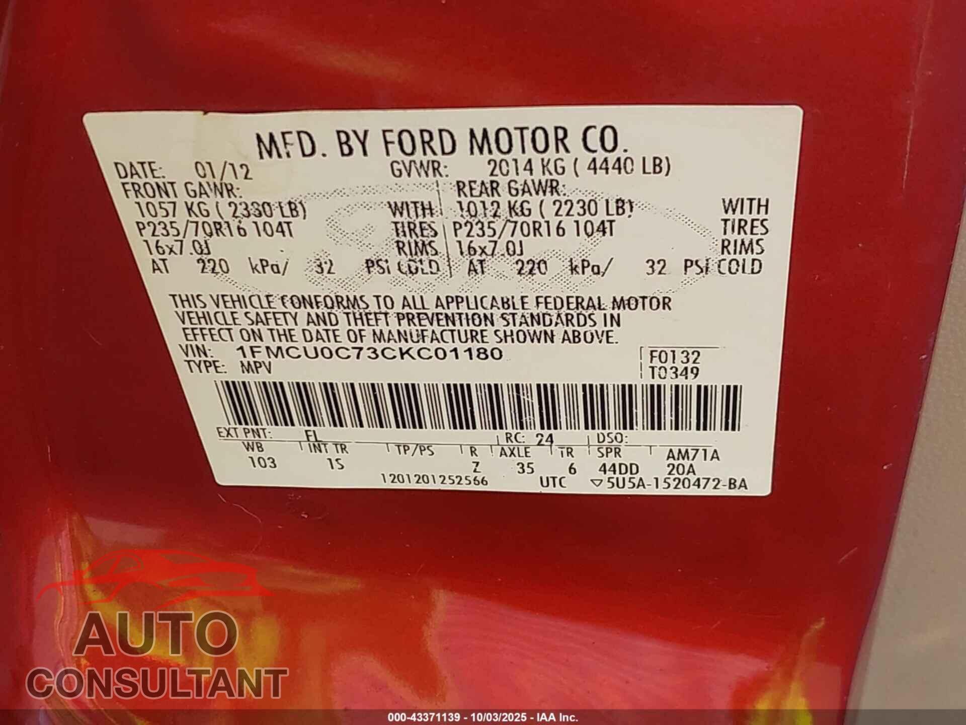 FORD ESCAPE 2012 - 1FMCU0C73CKC01180