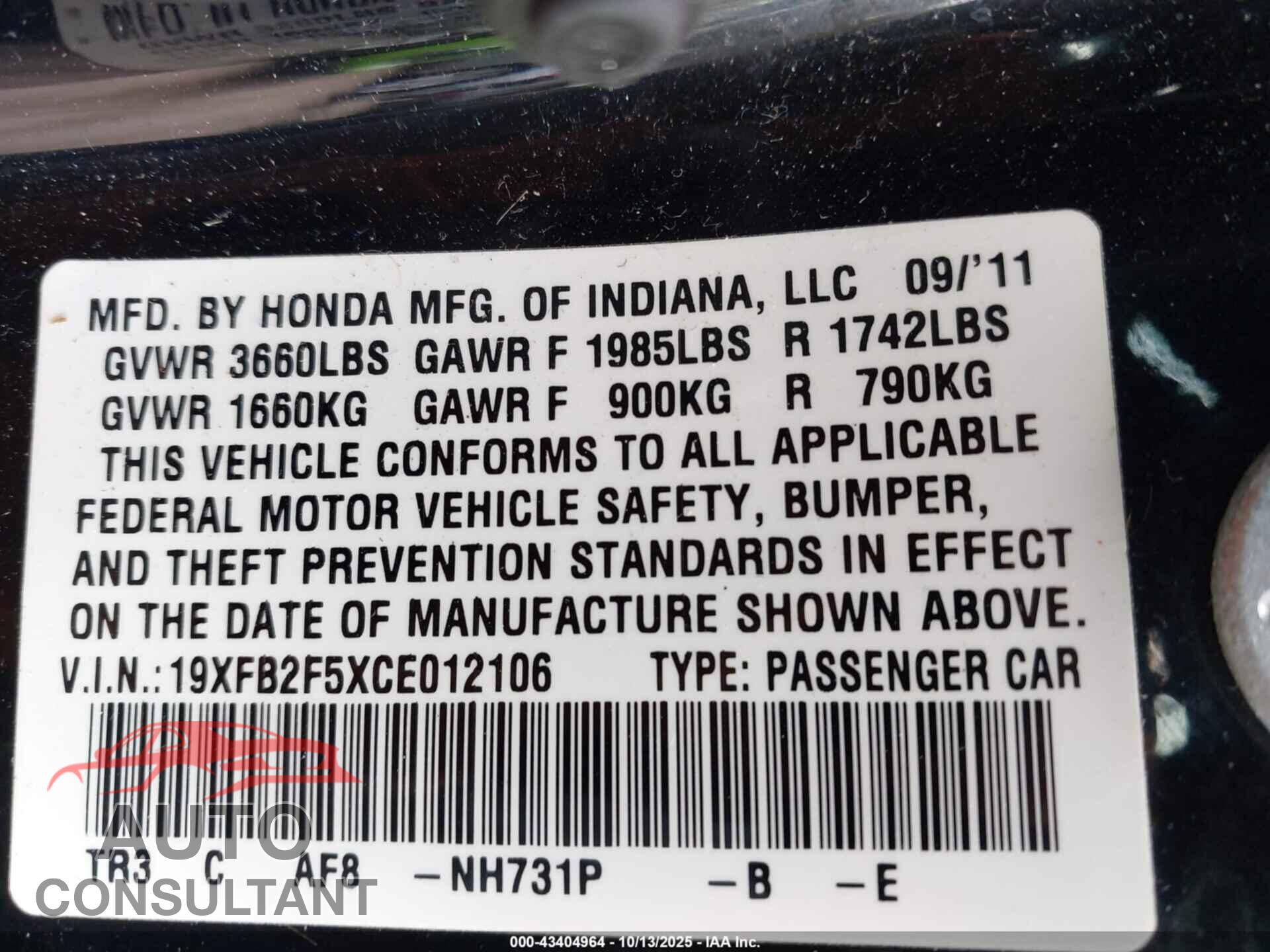 HONDA CIVIC 2012 - 19XFB2F5XCE012106