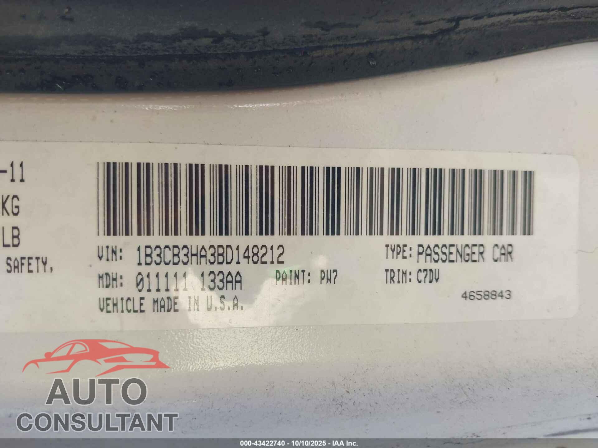 DODGE CALIBER 2011 - 1B3CB3HA3BD148212