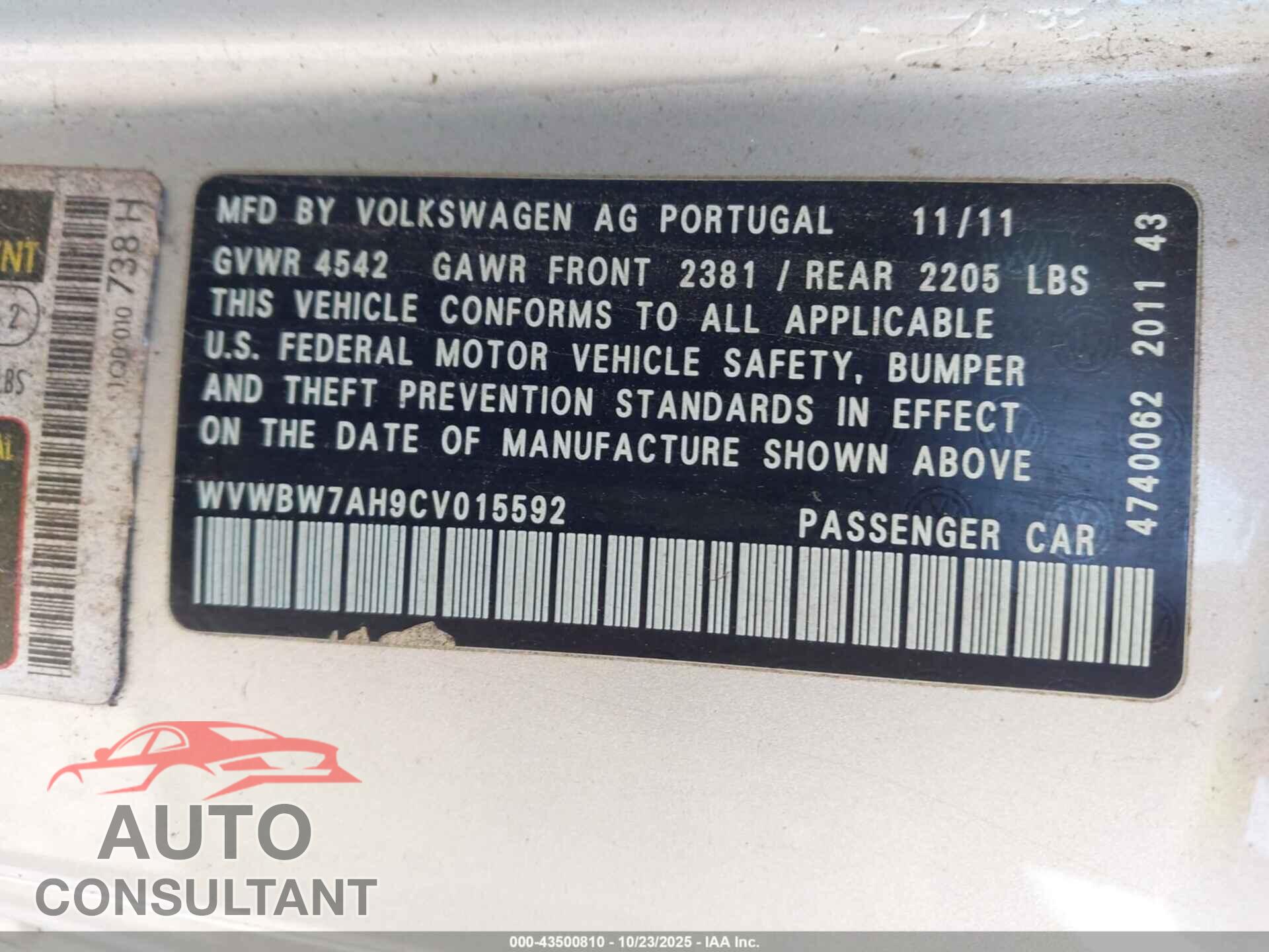 VOLKSWAGEN EOS 2012 - WVWBW7AH9CV015592