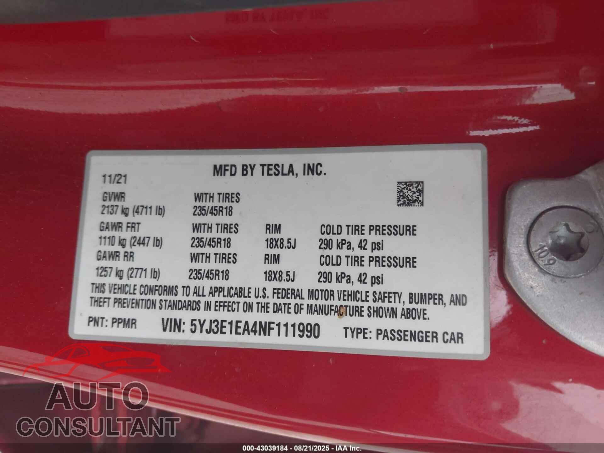 TESLA MODEL 3 2022 - 5YJ3E1EA4NF111990