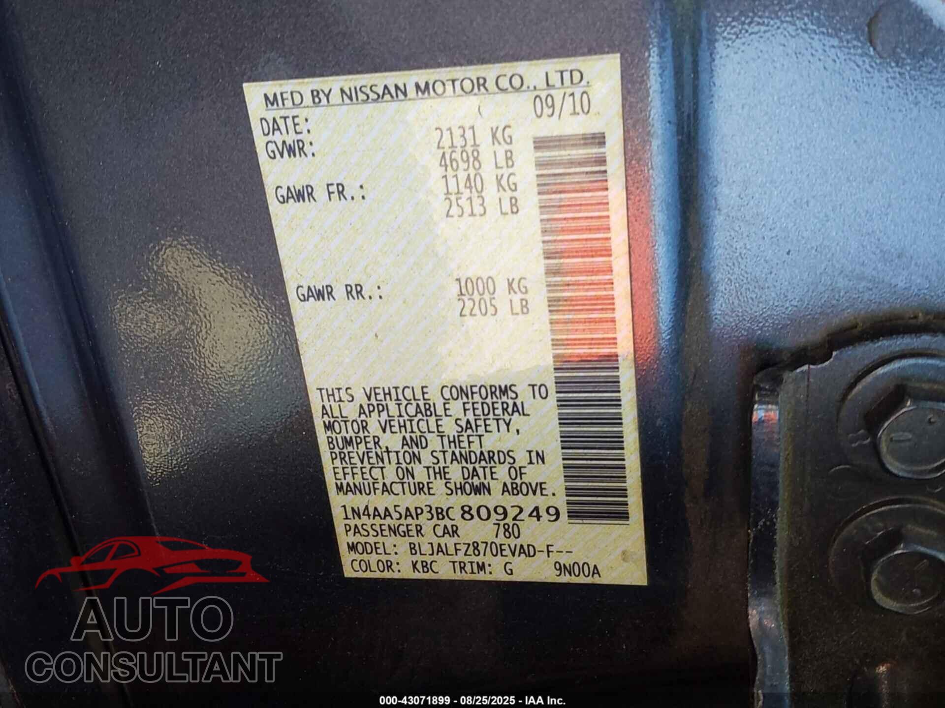 NISSAN MAXIMA 2011 - 1N4AA5AP3BC809249