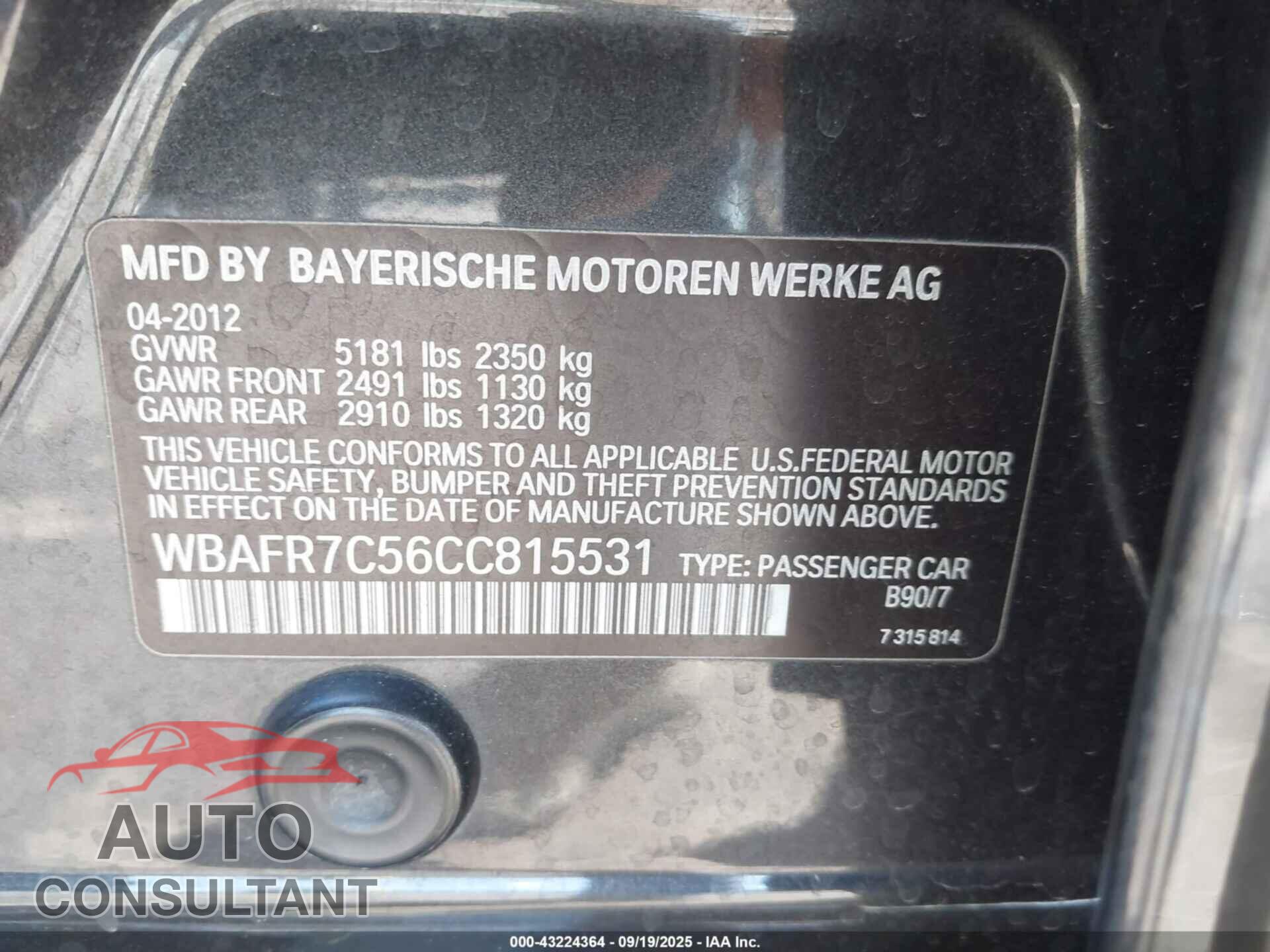 BMW 535I 2012 - WBAFR7C56CC815531