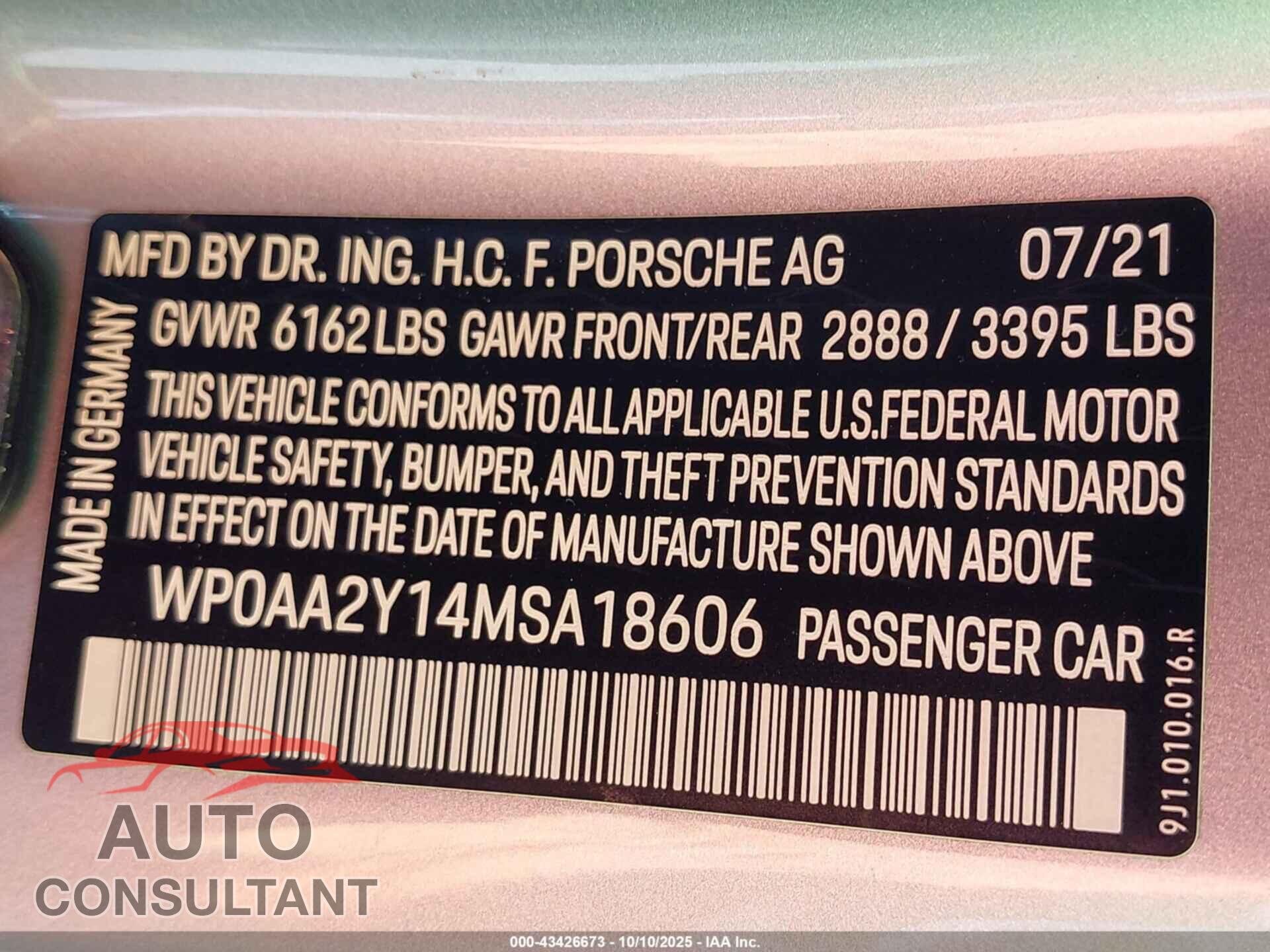 PORSCHE TAYCAN 2021 - WP0AA2Y14MSA18606