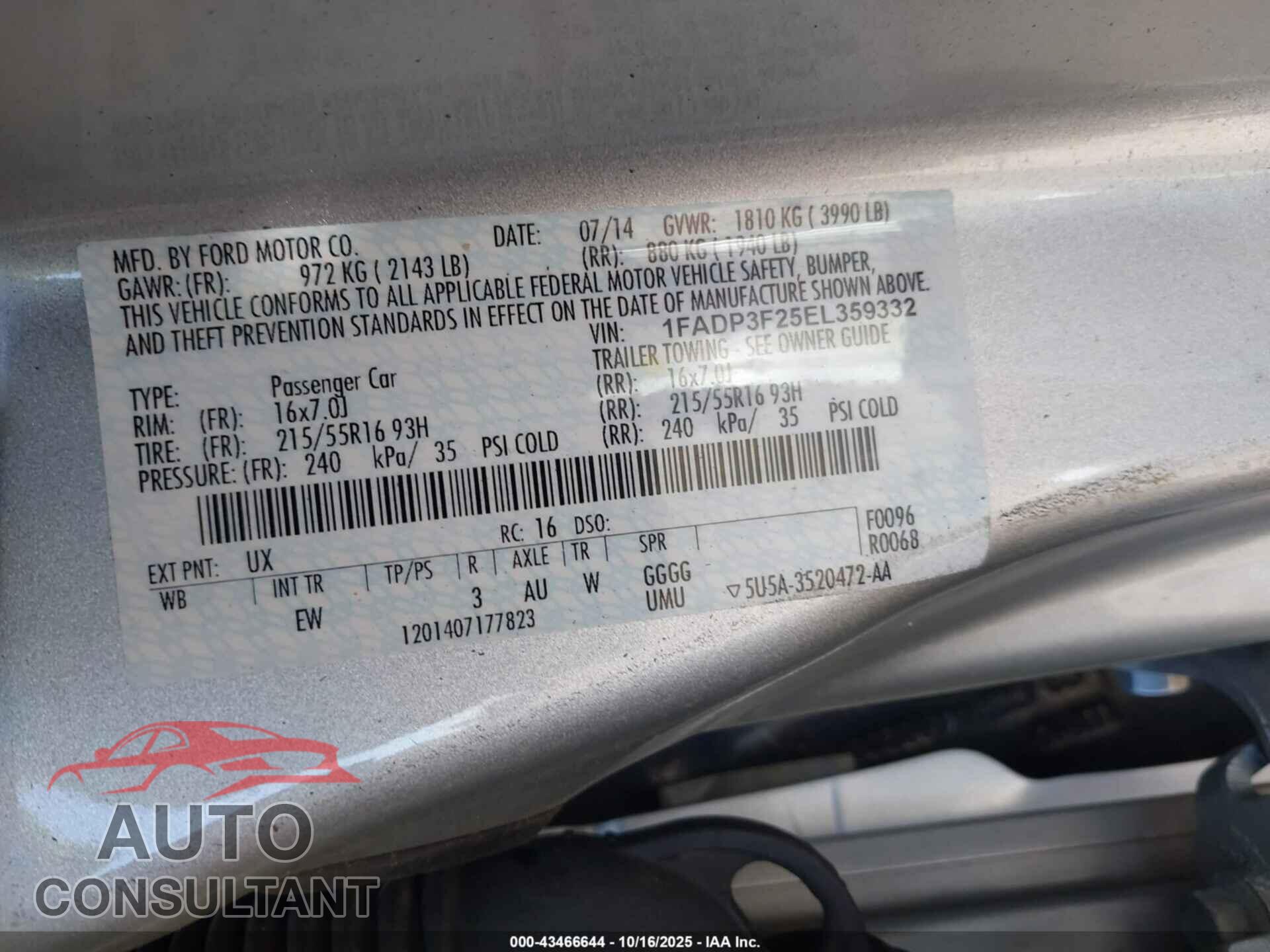 FORD FOCUS 2014 - 1FADP3F25EL359332
